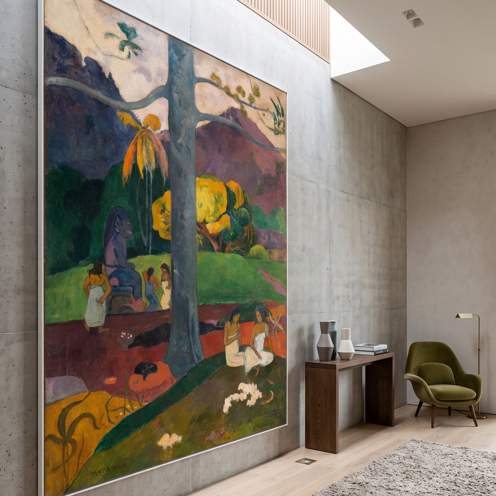 Mata Mua by Paul Gauguin — large green and gold Impressionist canvas art on a hallway wall