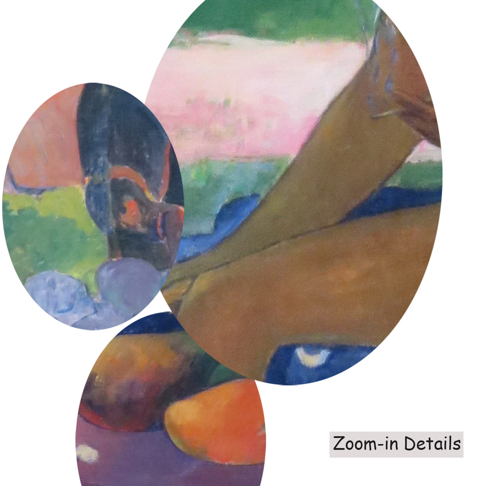 Close-up detail of the brushwork on Vairaumati tei oa, a large blue and gold Impressionist canvas by Paul Gauguin