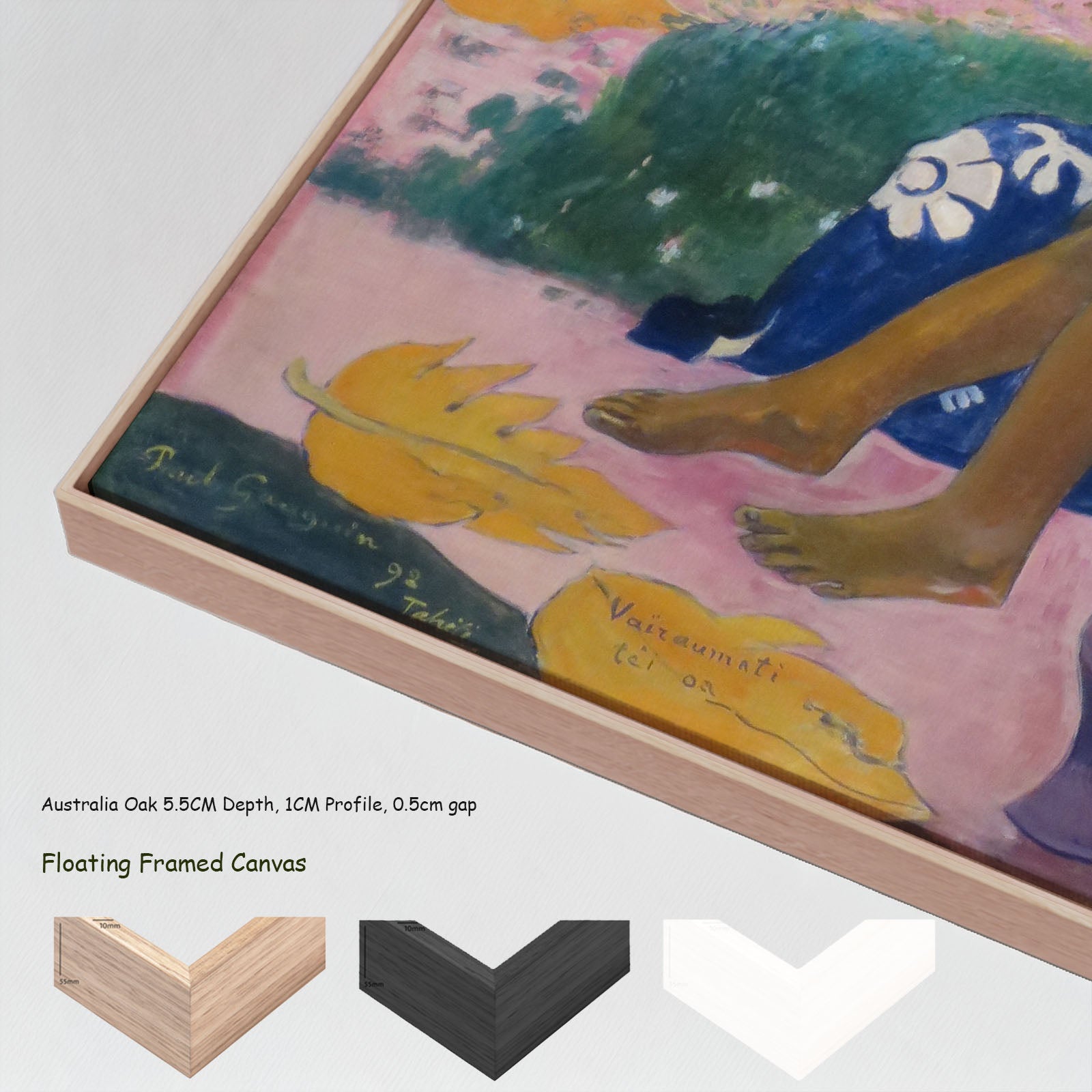 Vairaumati tei oa by Paul Gauguin in a floating frame, large blue and gold Impressionist canvas print