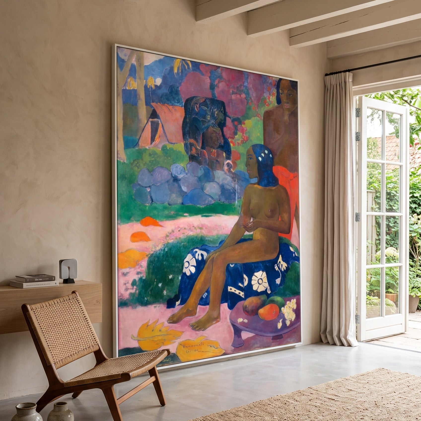 Vairaumati tei oa by Paul Gauguin — large blue and gold Impressionist canvas art on a hallway wall