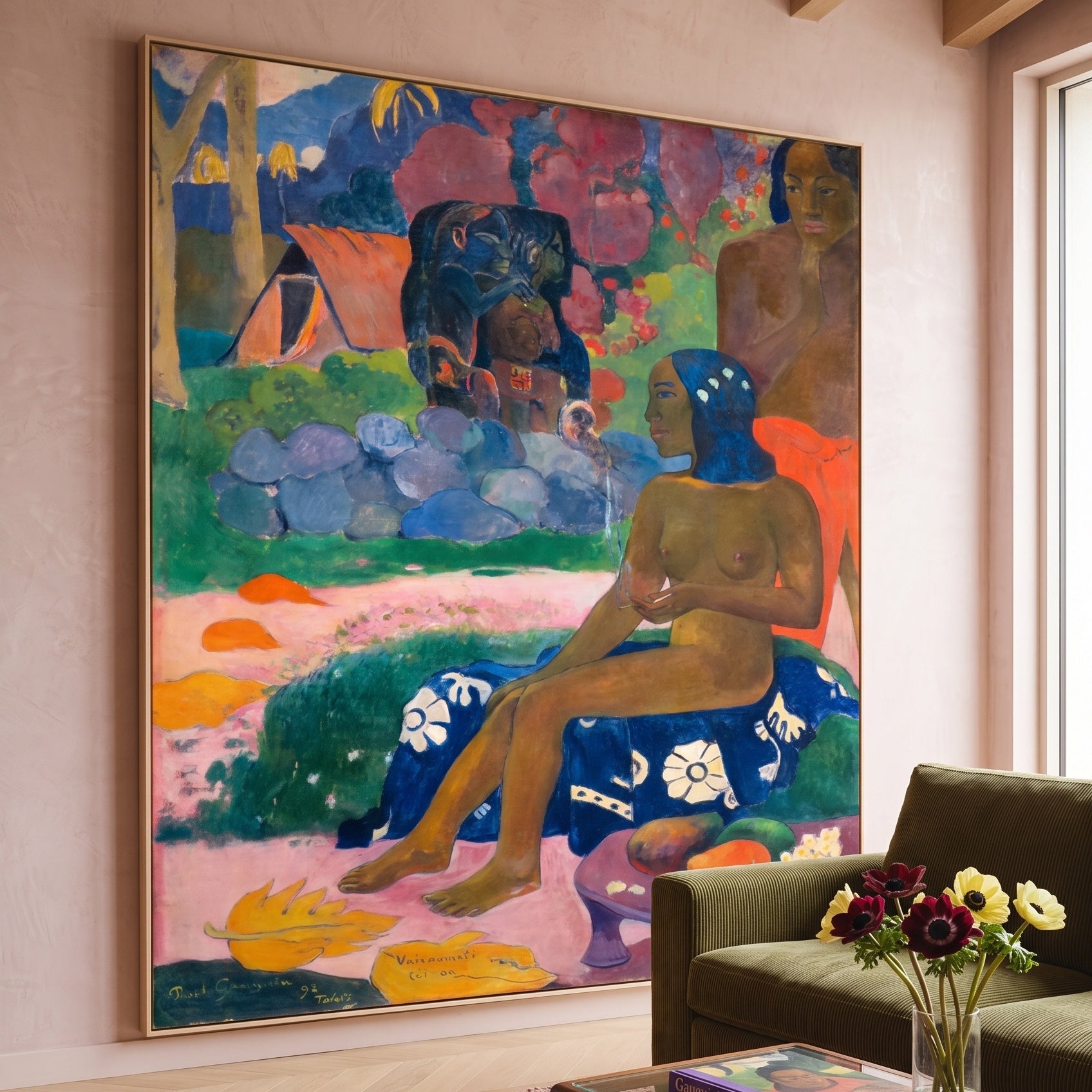 Vairaumati tei oa by Paul Gauguin — large blue and gold Impressionist canvas art on a living room wall