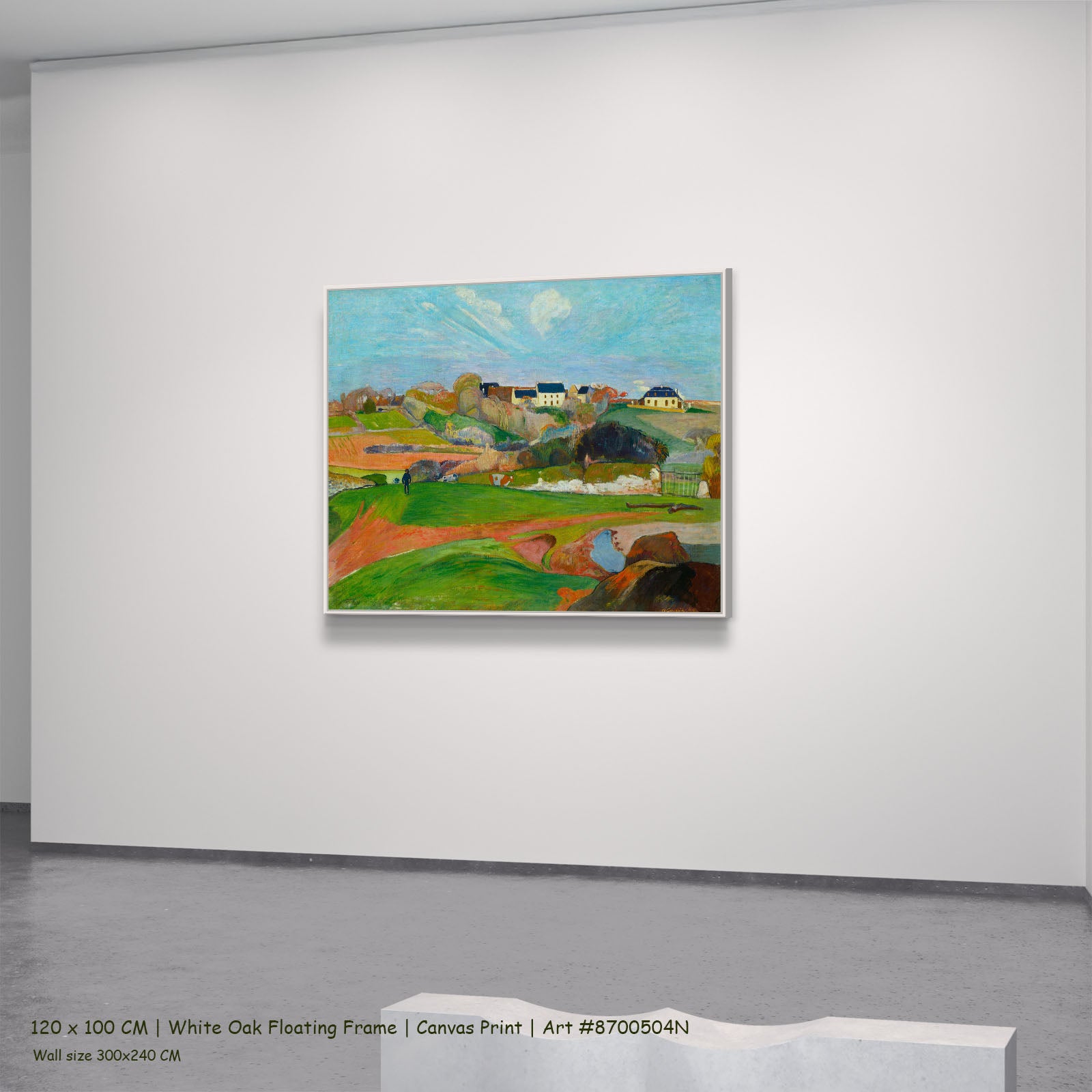 Landscape at Le Pouldu by Paul Gauguin in a white oak floating frame, large light blue and green Impressionist canvas