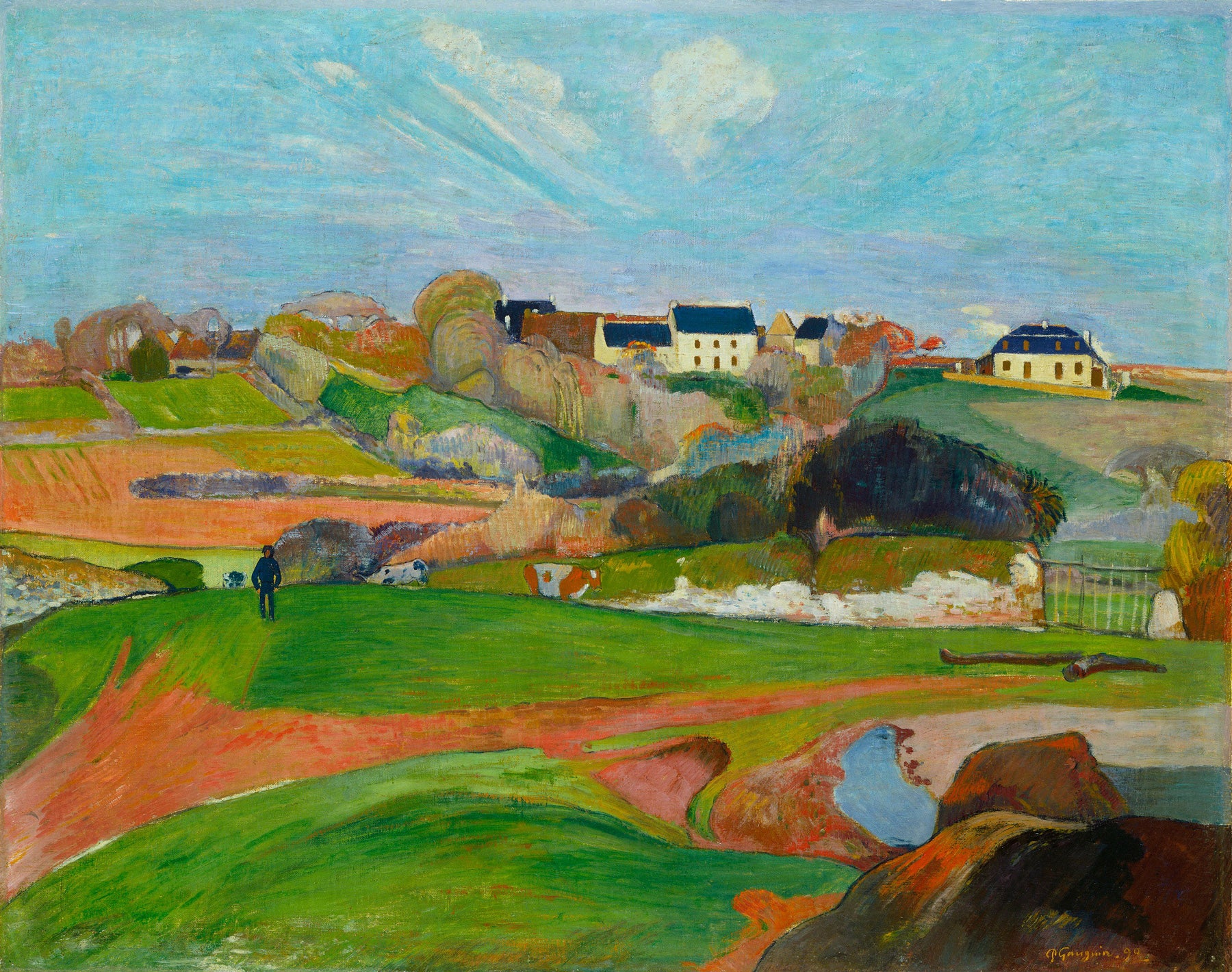 Large light blue and green Impressionist canvas print of Landscape at Le Pouldu by Paul Gauguin