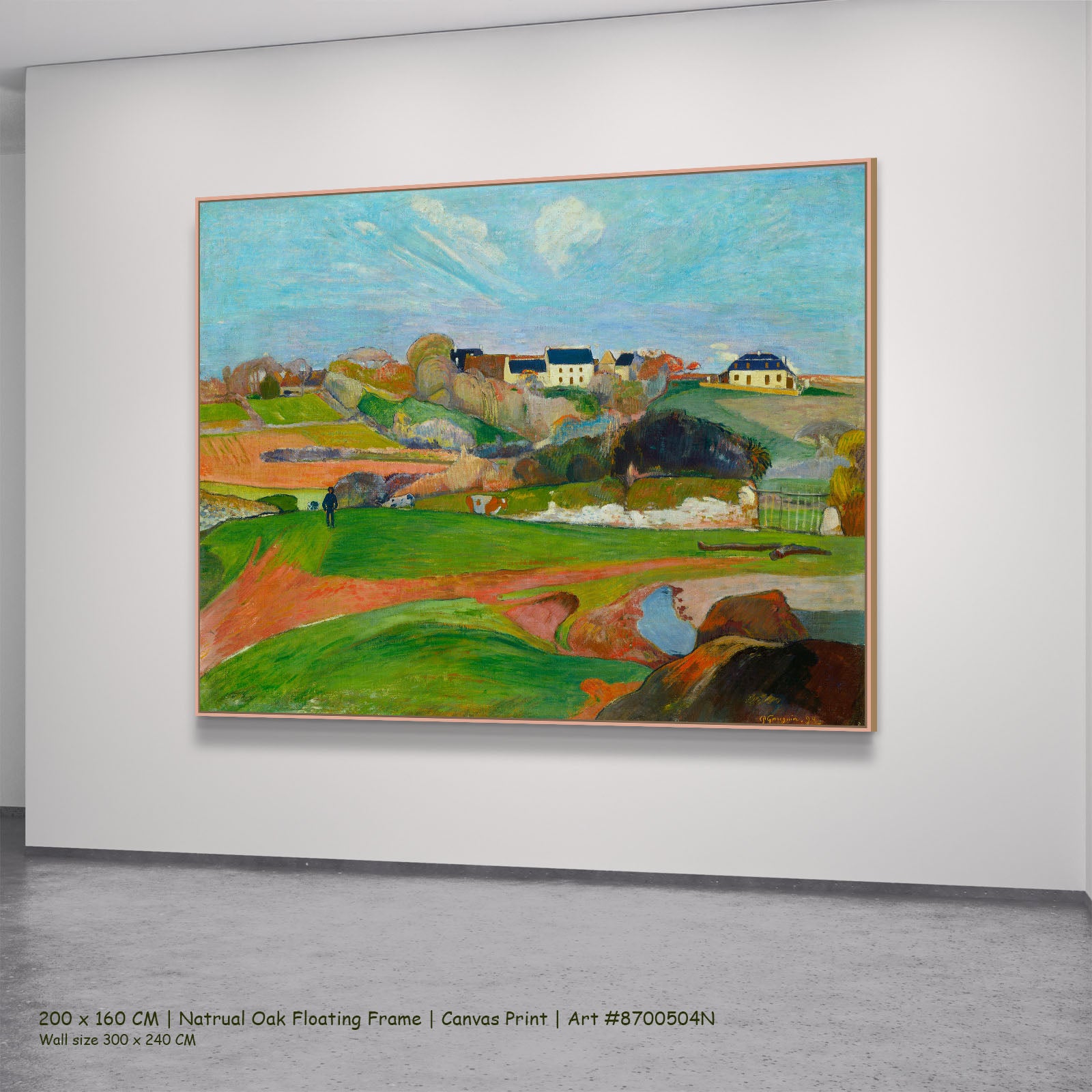 Landscape at Le Pouldu by Paul Gauguin in a natural oak floating frame, large light blue and green Impressionist canvas