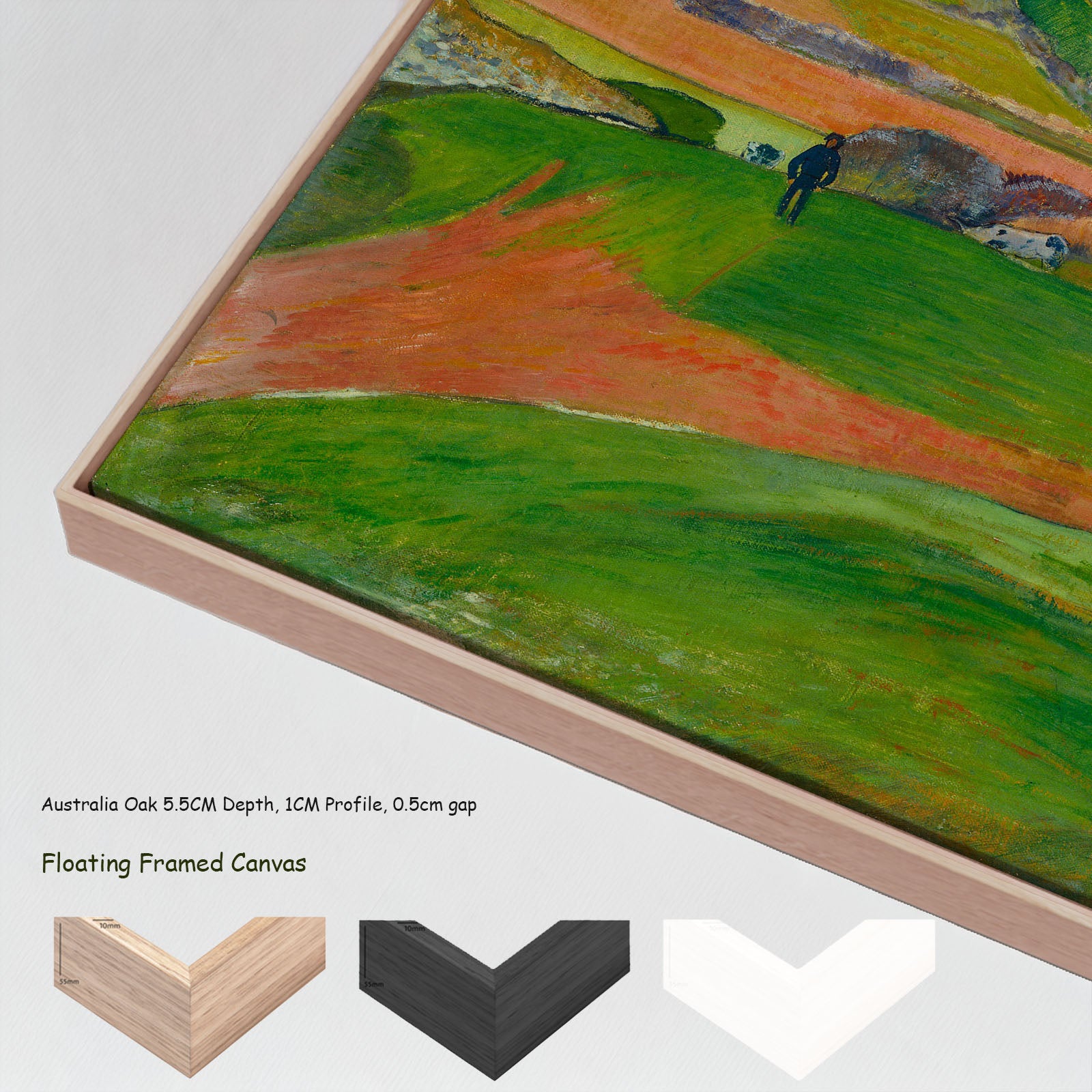 Landscape at Le Pouldu by Paul Gauguin in a floating frame, large light blue and green Impressionist canvas print