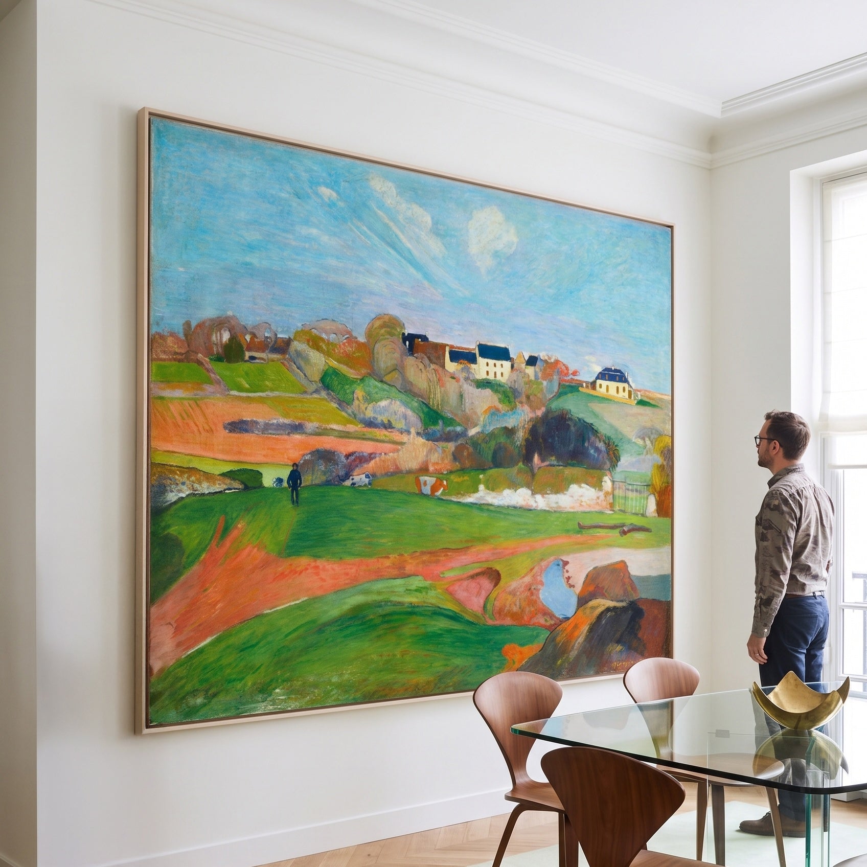 Landscape at Le Pouldu by Paul Gauguin — large light blue and green Impressionist canvas art displayed on a wall