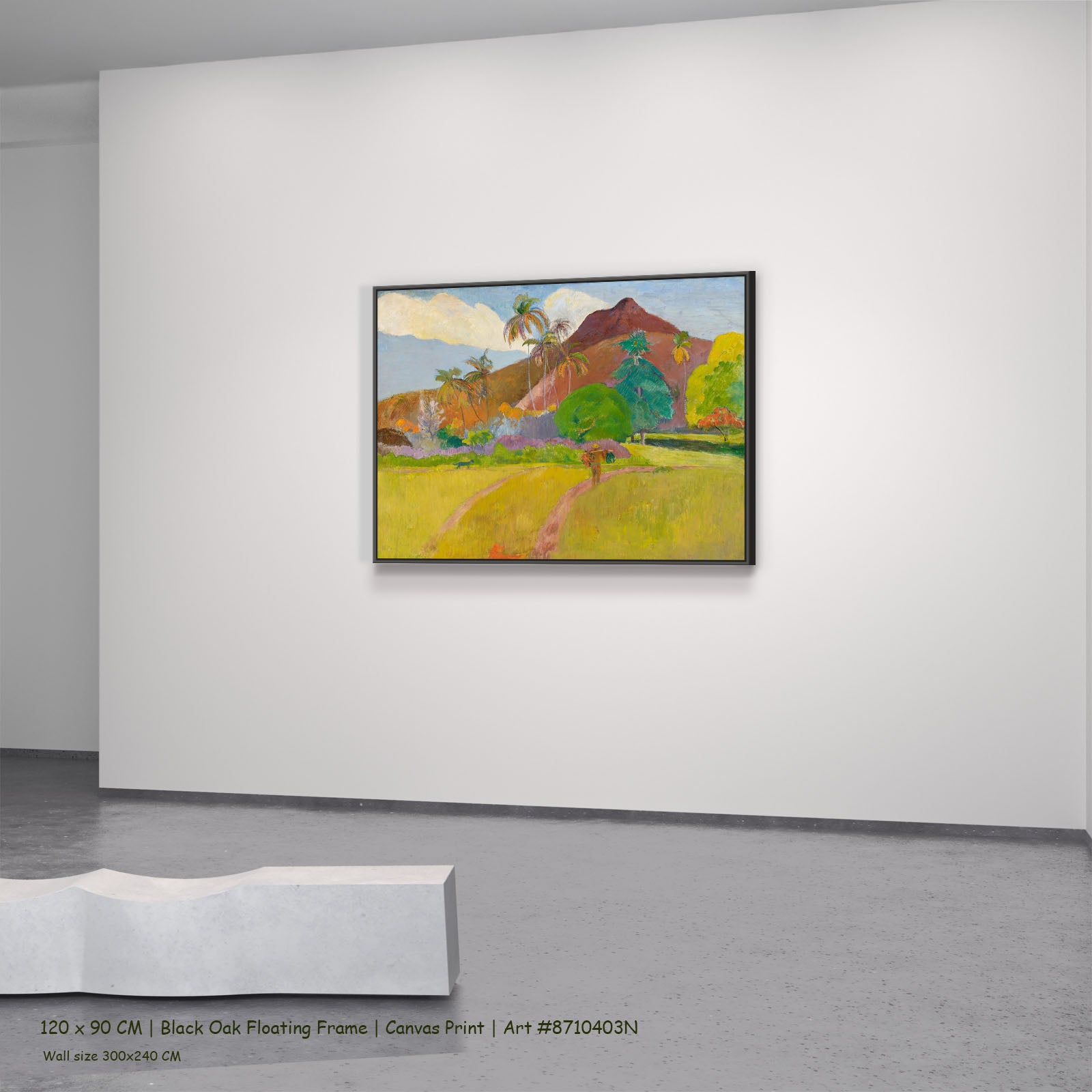 Tahitian Landscape by Paul Gauguin in a black oak floating frame, large yellow and brown Impressionist canvas