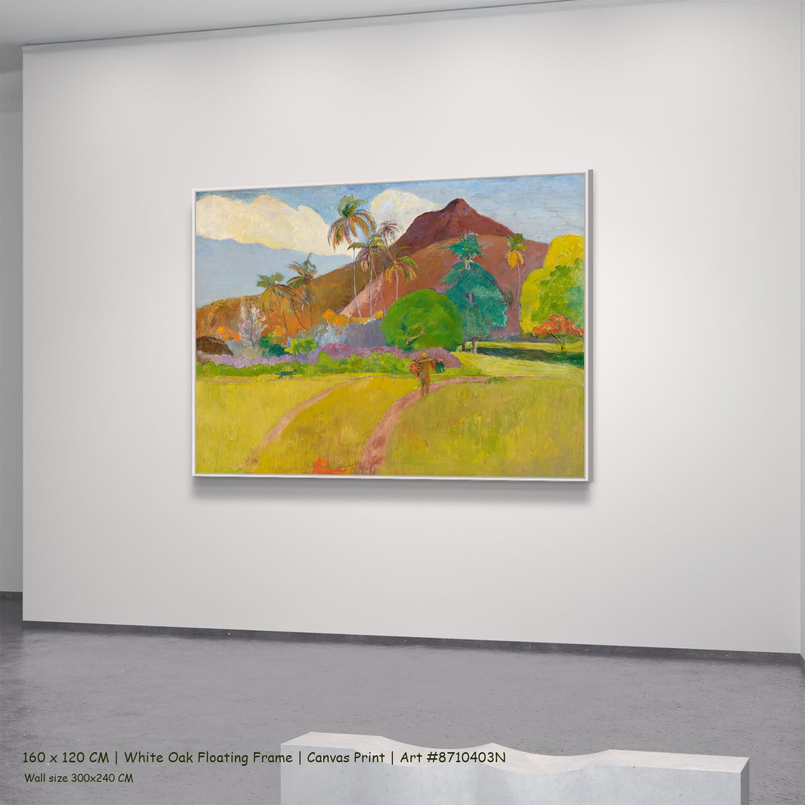 Tahitian Landscape by Paul Gauguin in a white oak floating frame, large yellow and brown Impressionist canvas