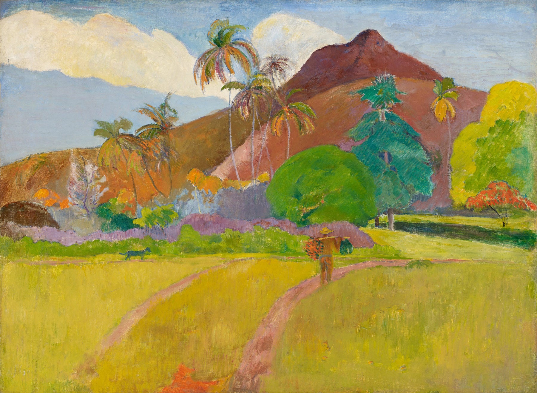 Large yellow and brown Impressionist canvas print of Tahitian Landscape by Paul Gauguin
