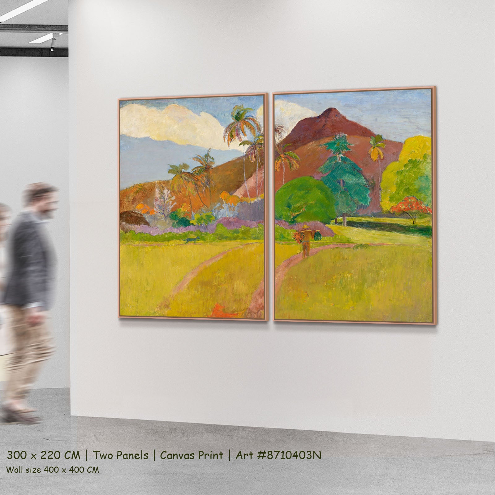 Tahitian Landscape by Paul Gauguin as a large two-panel yellow and brown Impressionist canvas set