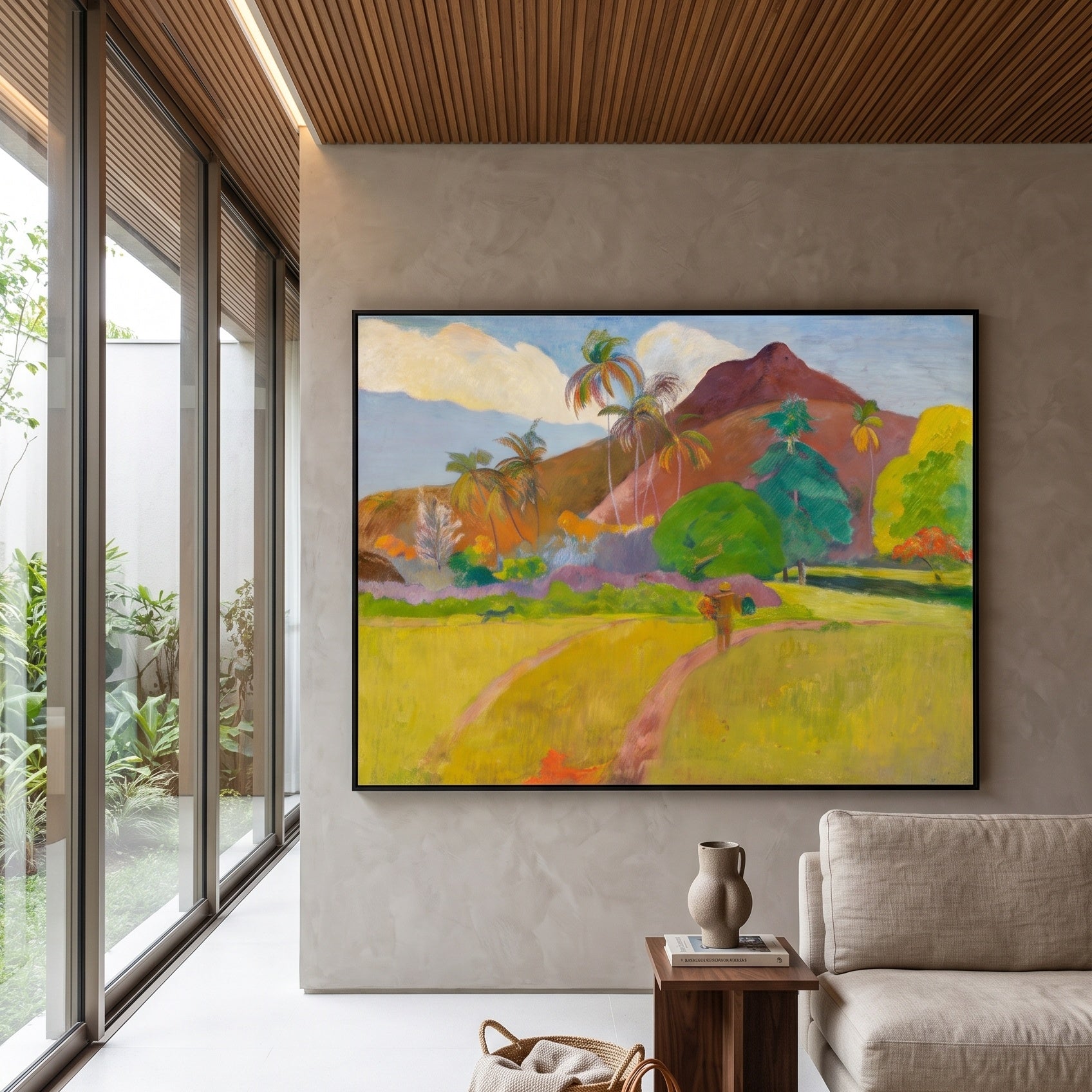 Tahitian Landscape by Paul Gauguin — large yellow and brown Impressionist canvas art on a hallway wall