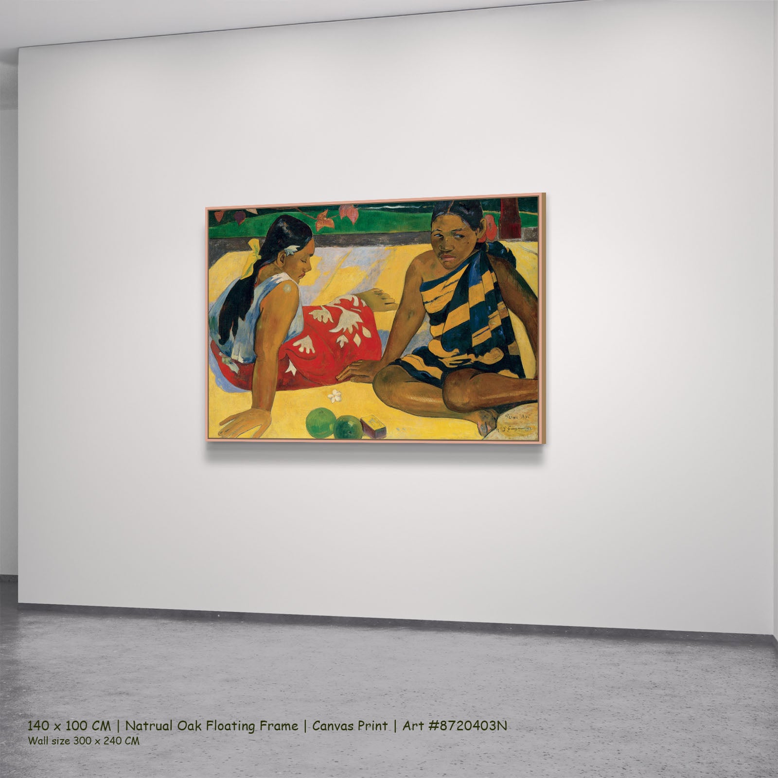 Parau Api by Paul Gauguin in a natural oak floating frame, large yellow and red Impressionist canvas