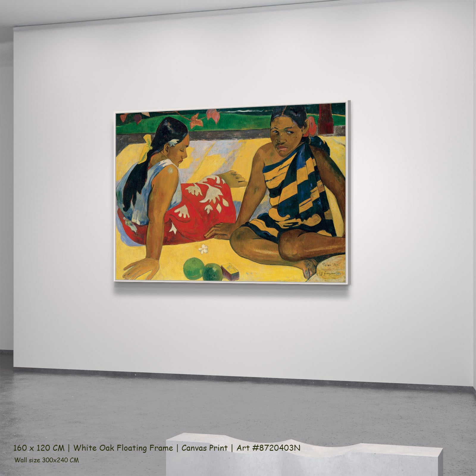 Parau Api by Paul Gauguin in a white oak floating frame, large yellow and red Impressionist canvas