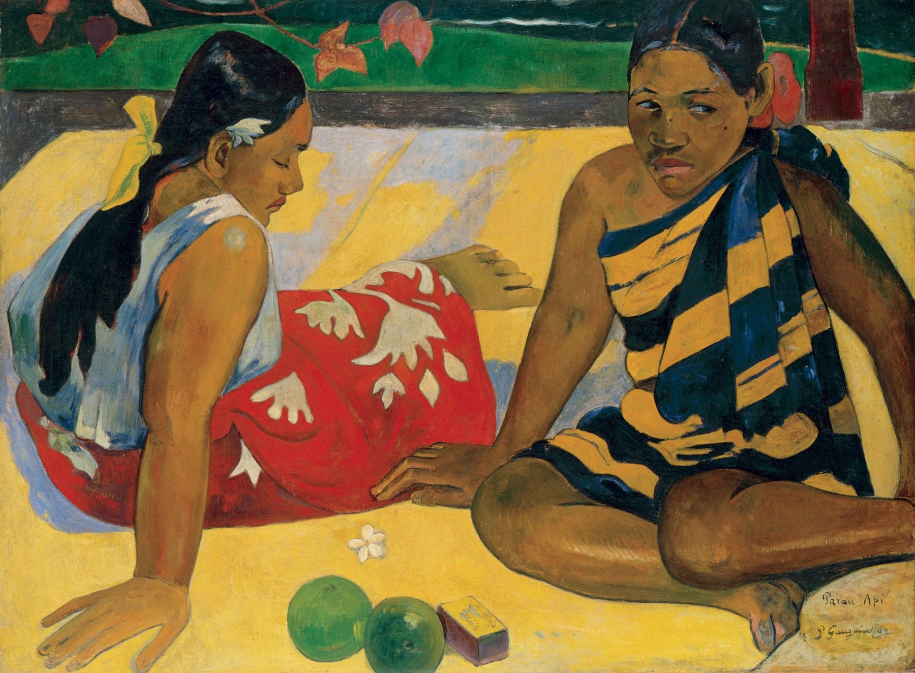 Large yellow and red Impressionist canvas print of Parau Api by Paul Gauguin