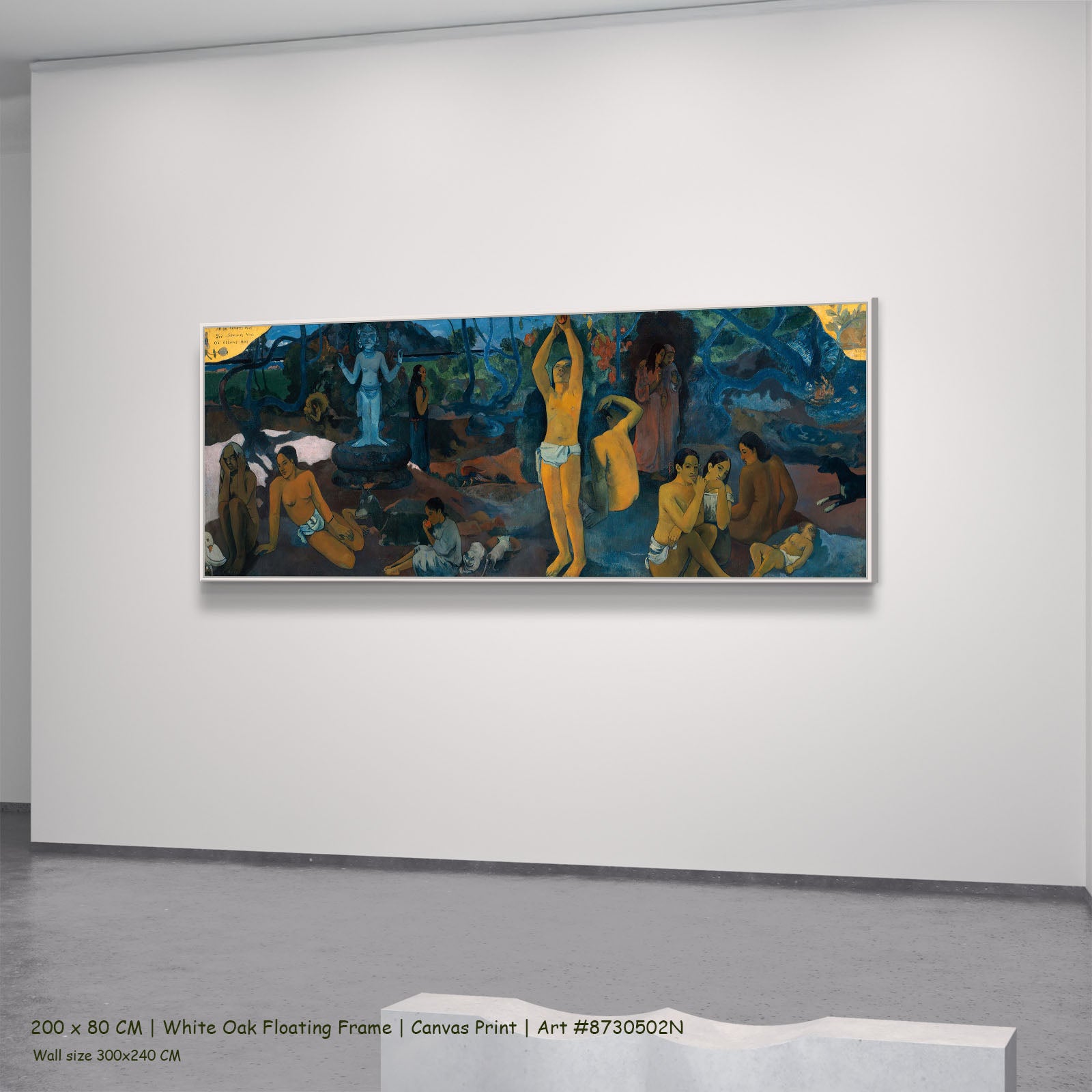 Where Do We Come From? What by Paul Gauguin in a white oak floating frame, large blue and gold Impressionist canvas