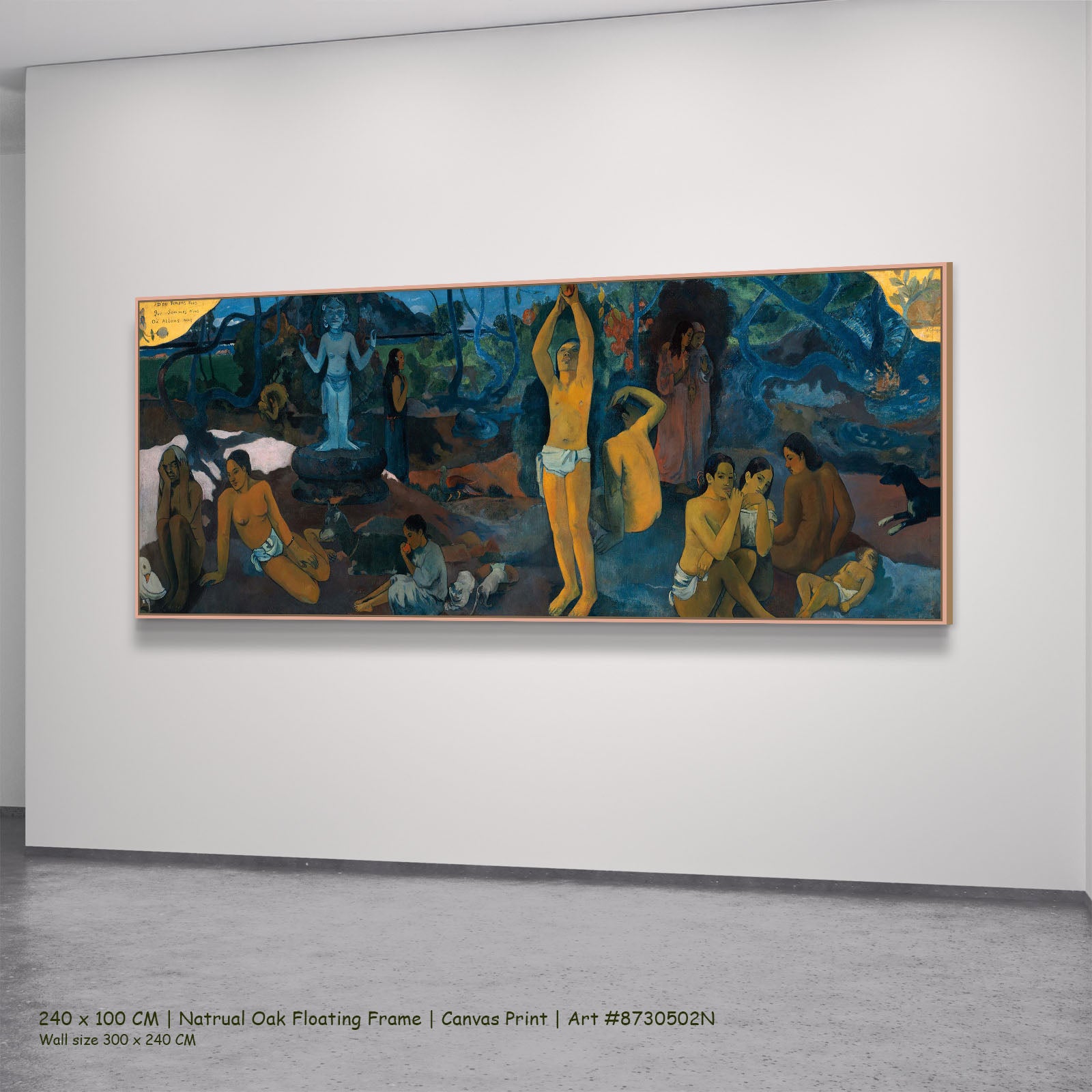 Where Do We Come From? What by Paul Gauguin in a natural oak floating frame, large blue and gold Impressionist canvas
