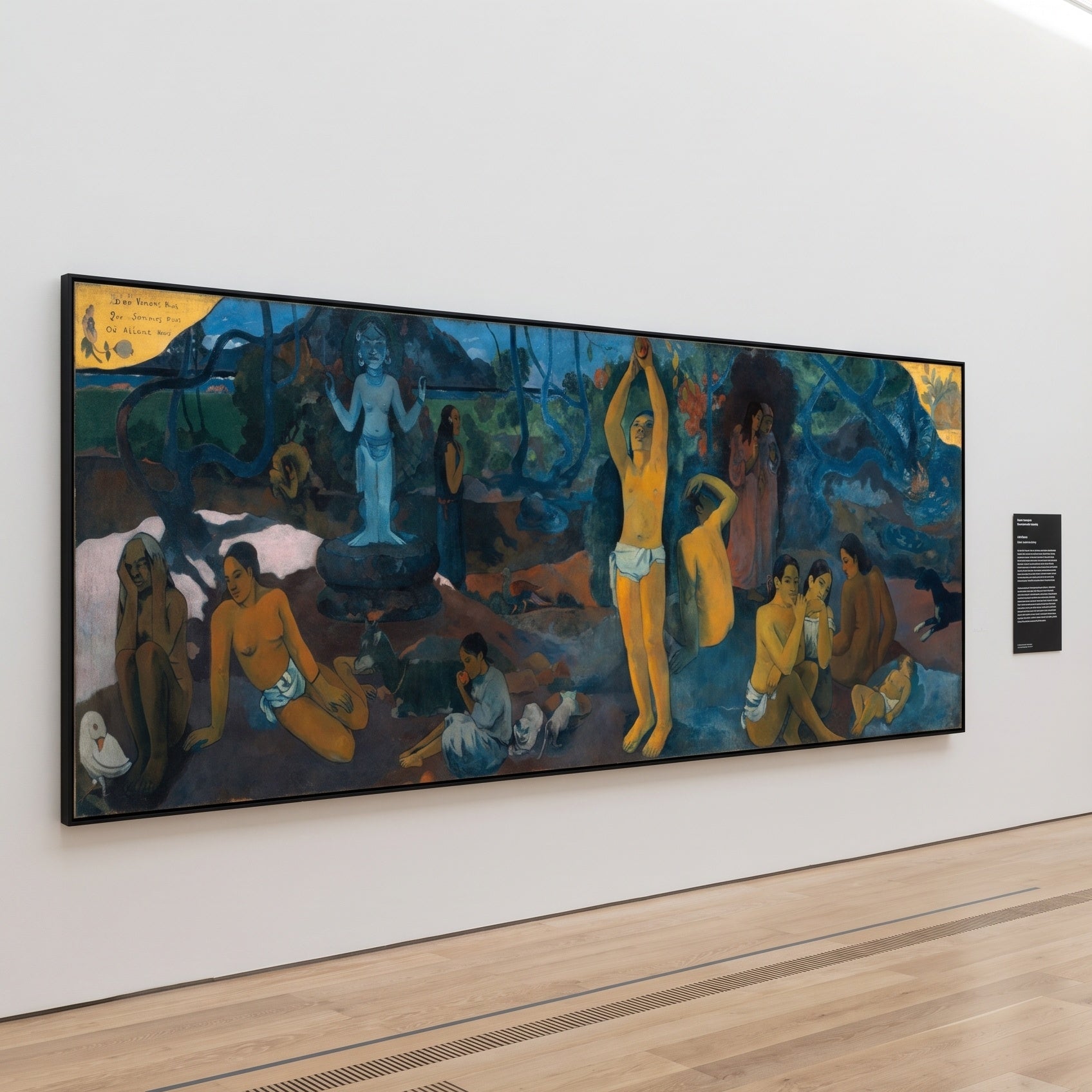 Where Do We Come From? What by Paul Gauguin — large blue and gold Impressionist canvas art on a hallway wall