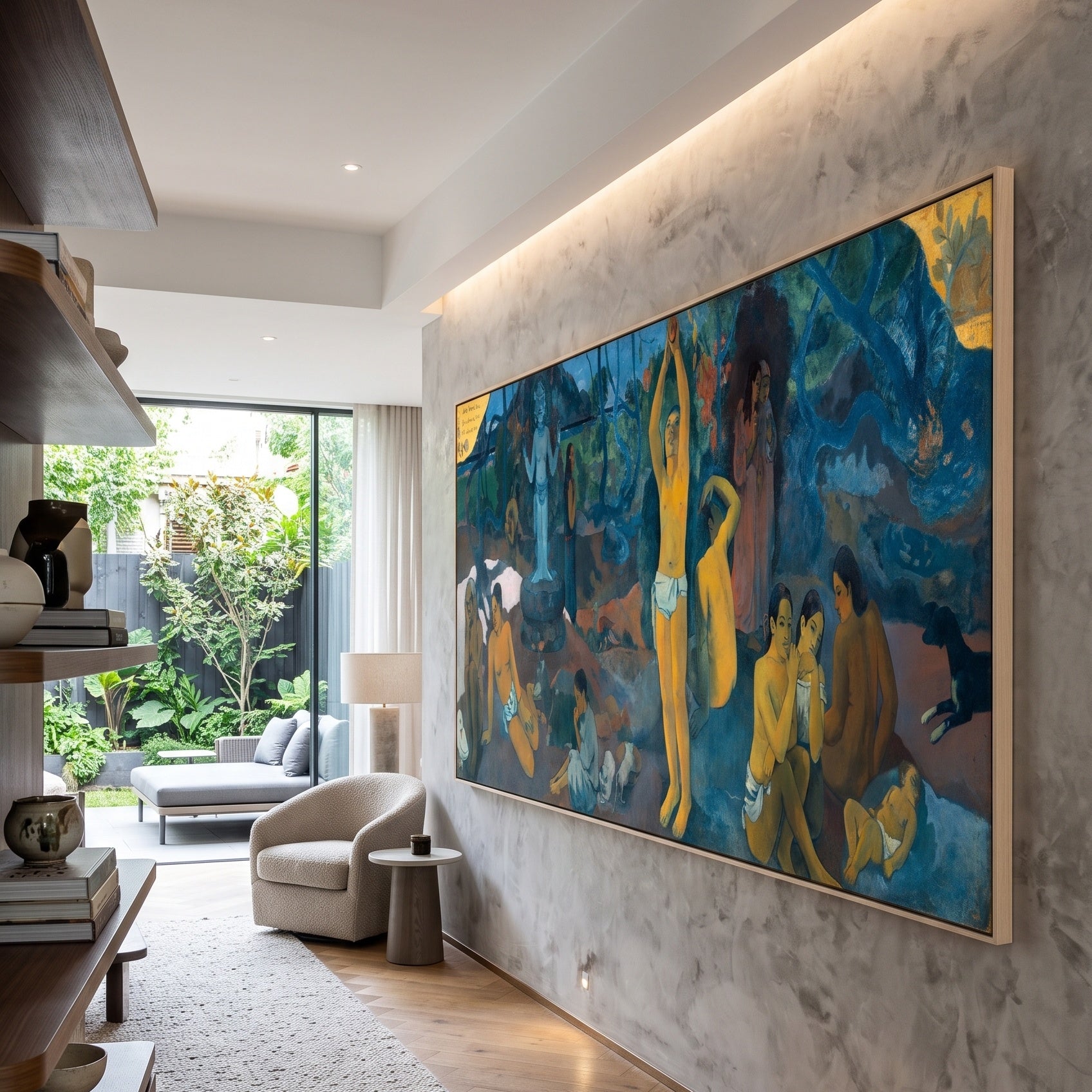 Where Do We Come From? What by Paul Gauguin — large blue and gold Impressionist canvas art displayed on a wall