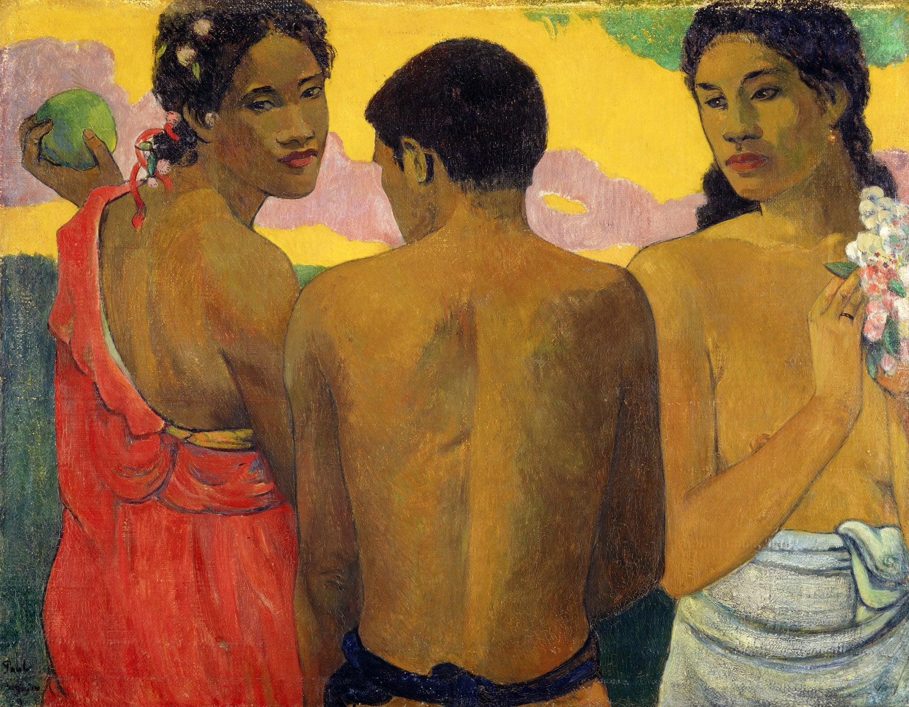 Large brown and yellow Impressionist canvas print of Three Tahitians by Paul Gauguin