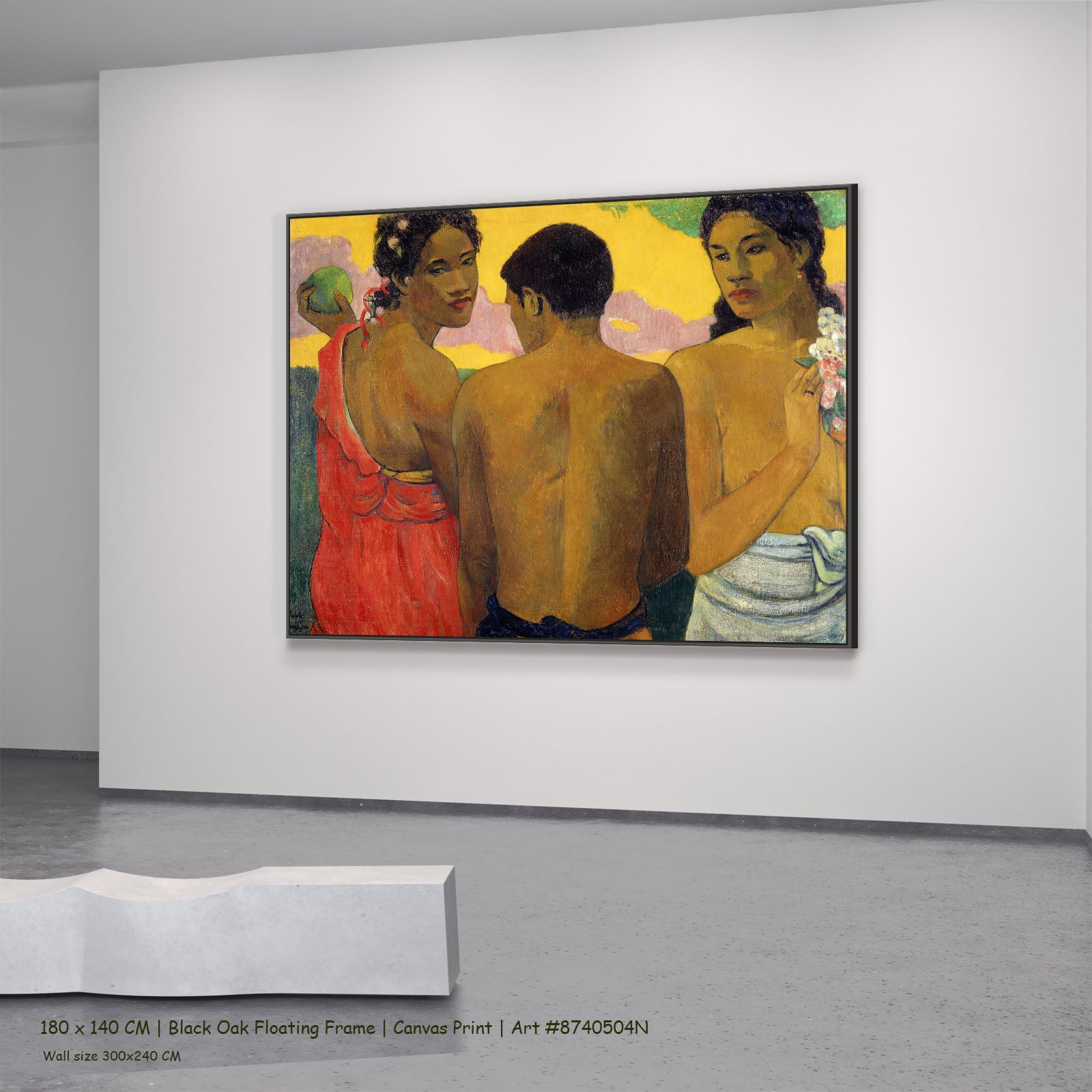 Three Tahitians by Paul Gauguin in a black oak floating frame, large brown and yellow Impressionist canvas