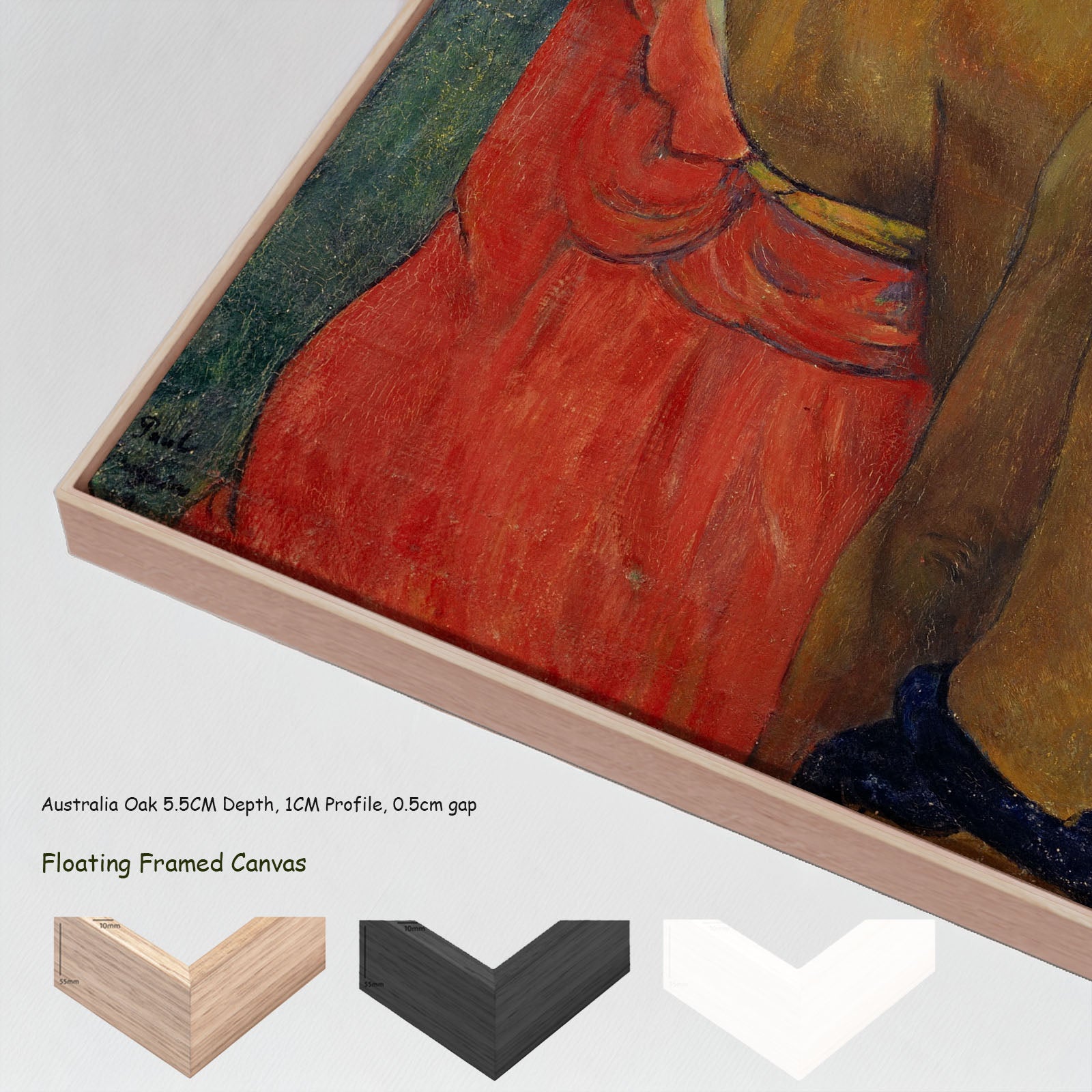 Three Tahitians by Paul Gauguin in a floating frame, large brown and yellow Impressionist canvas print