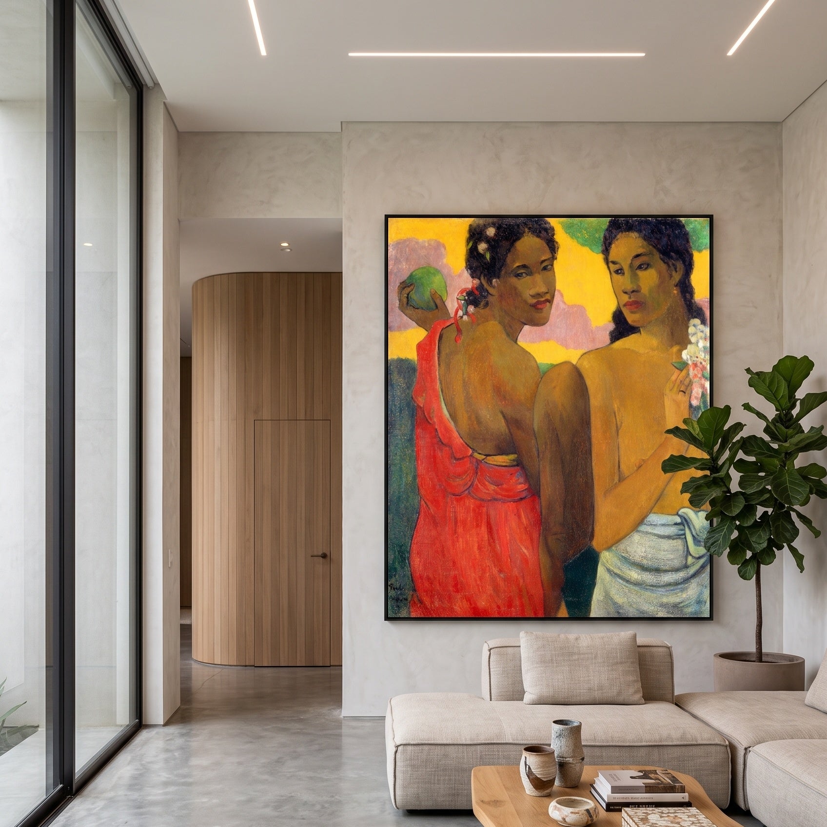 Three Tahitians by Paul Gauguin — large brown and yellow Impressionist canvas art on a living room wall