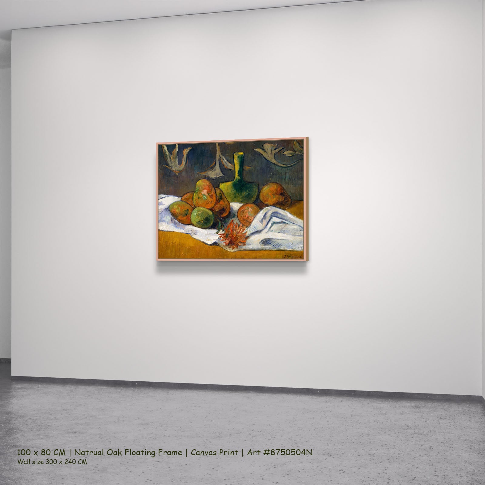 Still Life with Mangoes and a by Paul Gauguin in a natural oak floating frame, large orange and gold Impressionist canvas