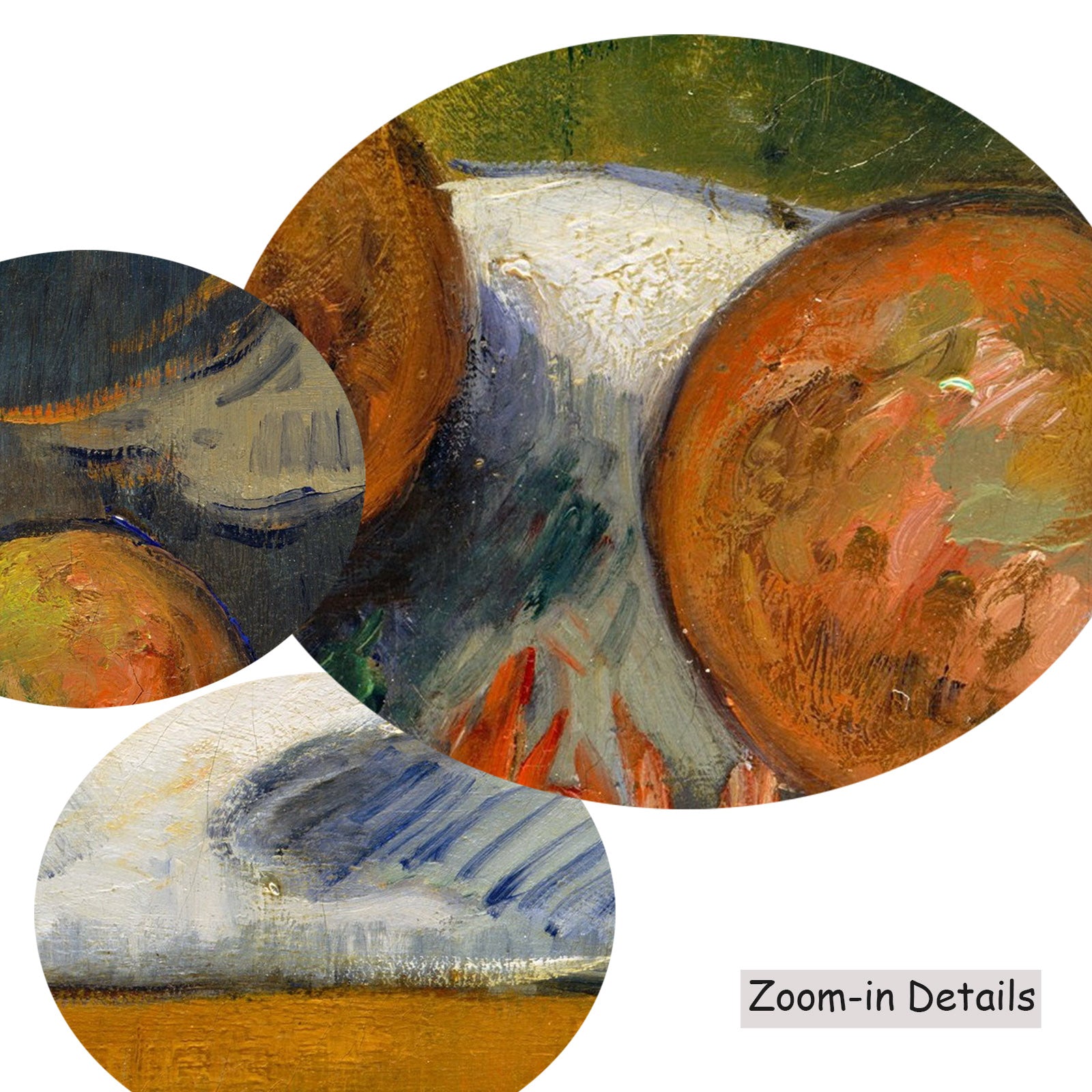 Close-up detail of the brushwork on Still Life with Mangoes and a, a large orange and gold Impressionist canvas by Paul Gaugu
