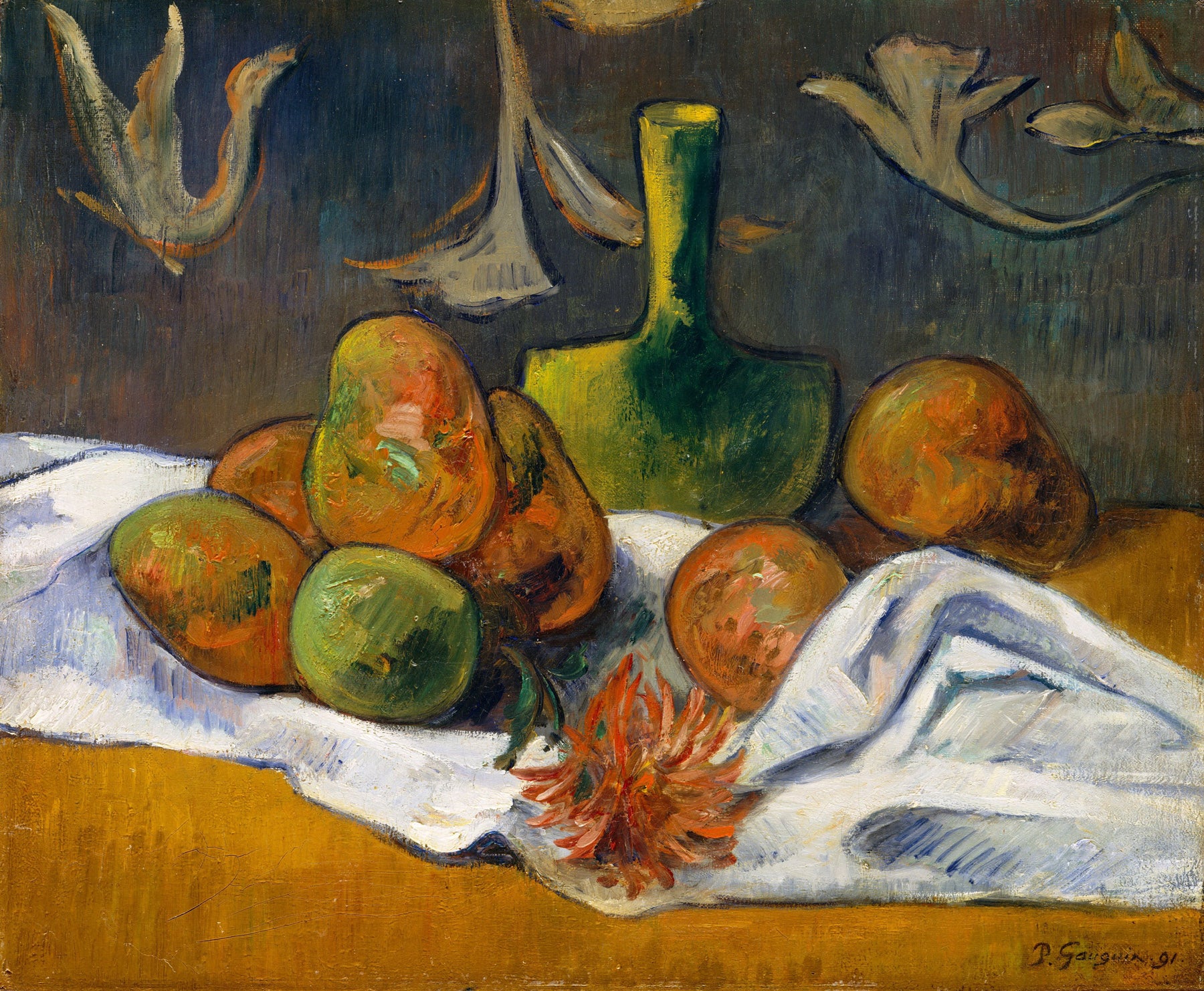 Large orange and gold Impressionist canvas print of Still Life with Mangoes and a by Paul Gauguin