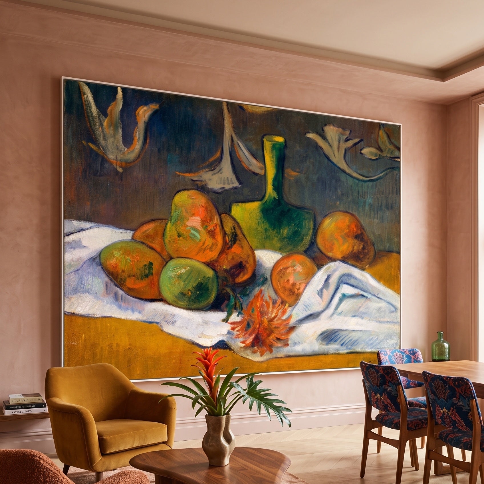 Still Life with Mangoes and a by Paul Gauguin — large orange and gold Impressionist canvas art on a living room wall