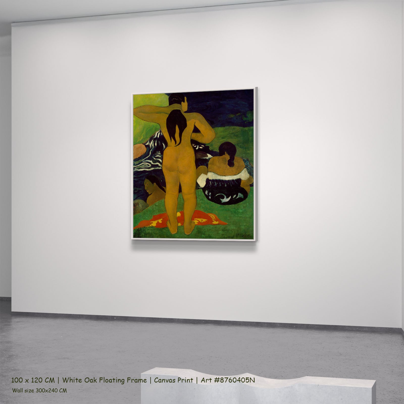 Tahitian Women Bathing by Paul Gauguin in a white oak floating frame, large green and gold Impressionist canvas