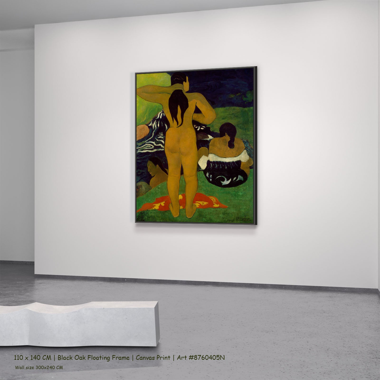 Tahitian Women Bathing by Paul Gauguin in a black oak floating frame, large green and gold Impressionist canvas