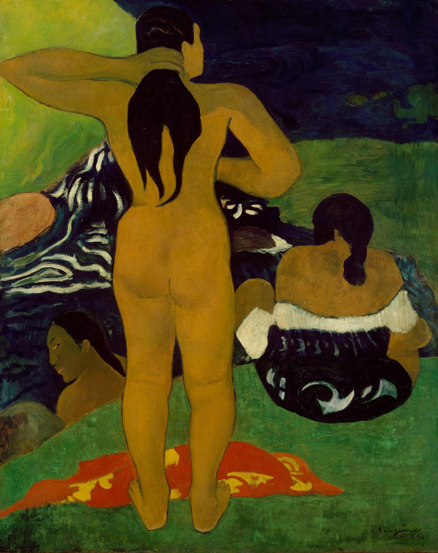 Large green and gold Impressionist canvas print of Tahitian Women Bathing by Paul Gauguin