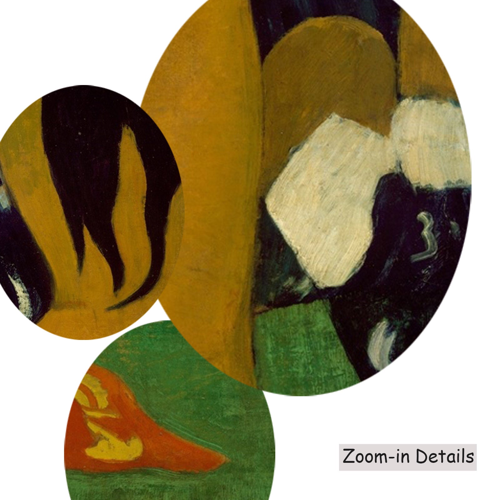 Close-up detail of the brushwork on Tahitian Women Bathing, a large green and gold Impressionist canvas by Paul Gauguin