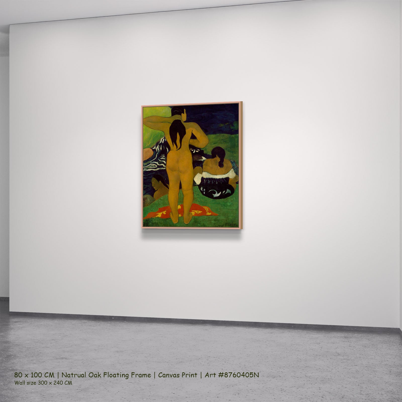 Tahitian Women Bathing by Paul Gauguin in a natural oak floating frame, large green and gold Impressionist canvas