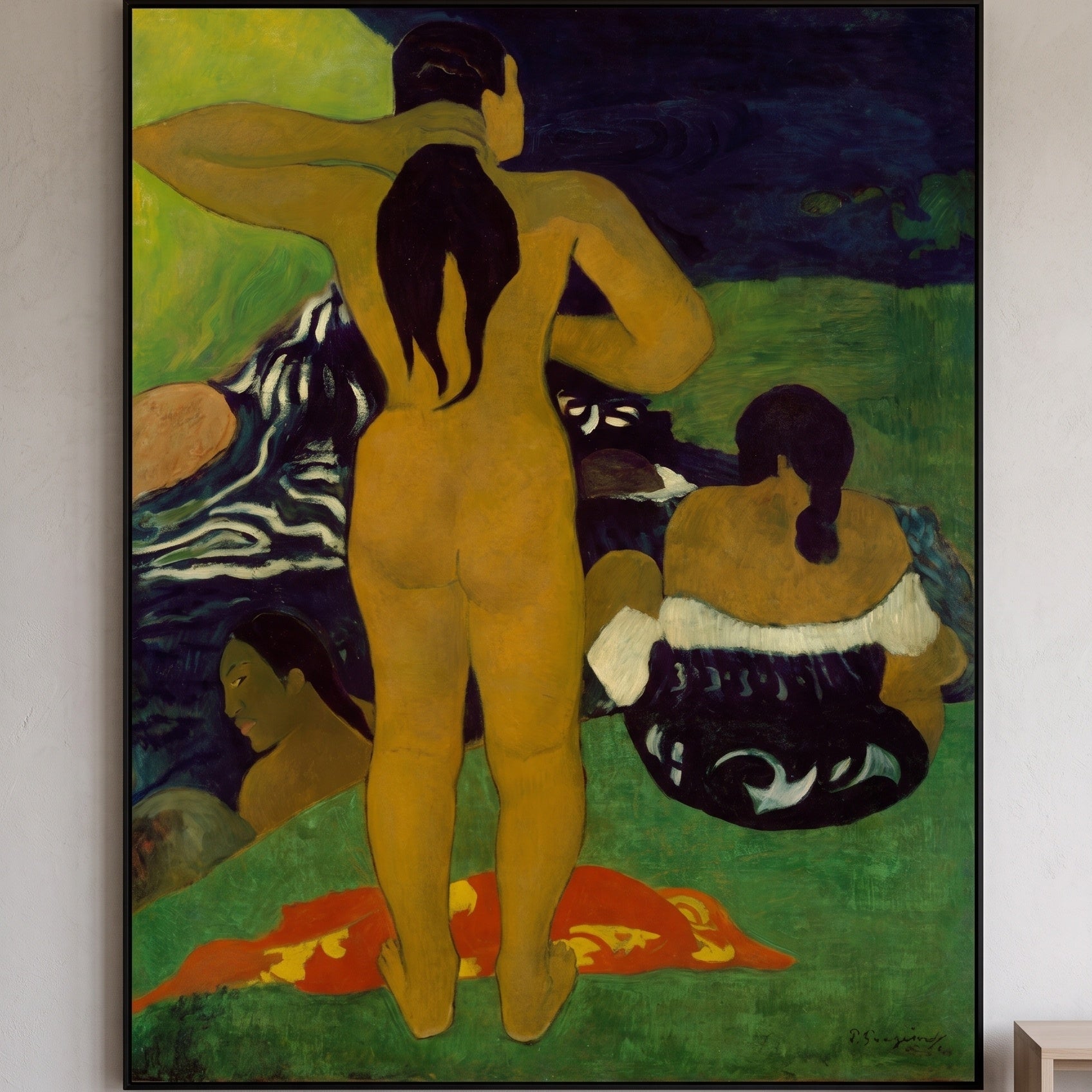 Tahitian Women Bathing by Paul Gauguin — large green and gold Impressionist canvas art on a entryway wall