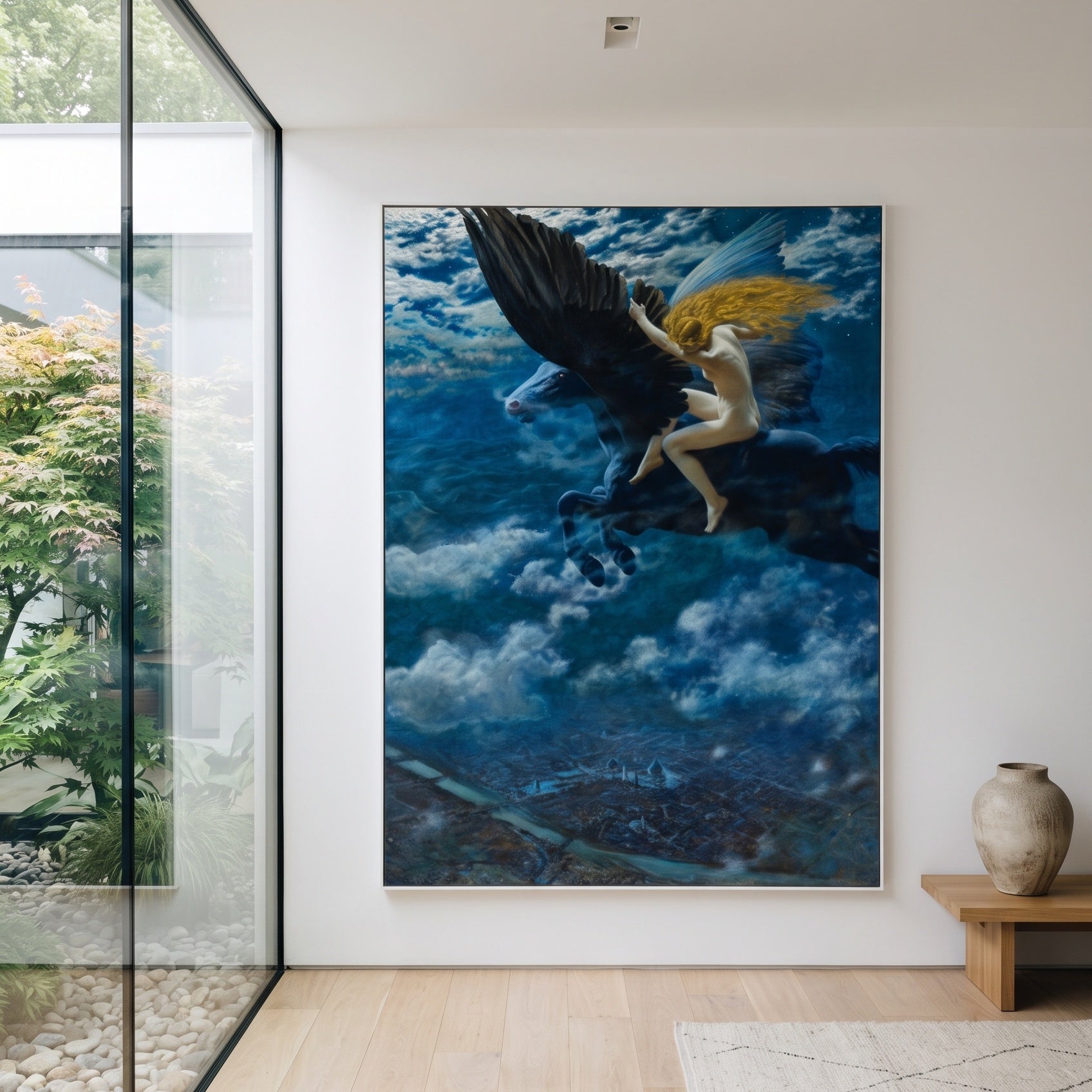 Dream Idyll by Edward Robert Hughes — large blue and black Symbolist canvas art on a entryway wall
