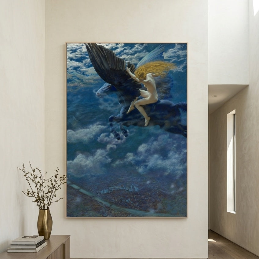 Dream Idyll by Edward Robert Hughes — large blue and black Symbolist canvas art on a entryway wall