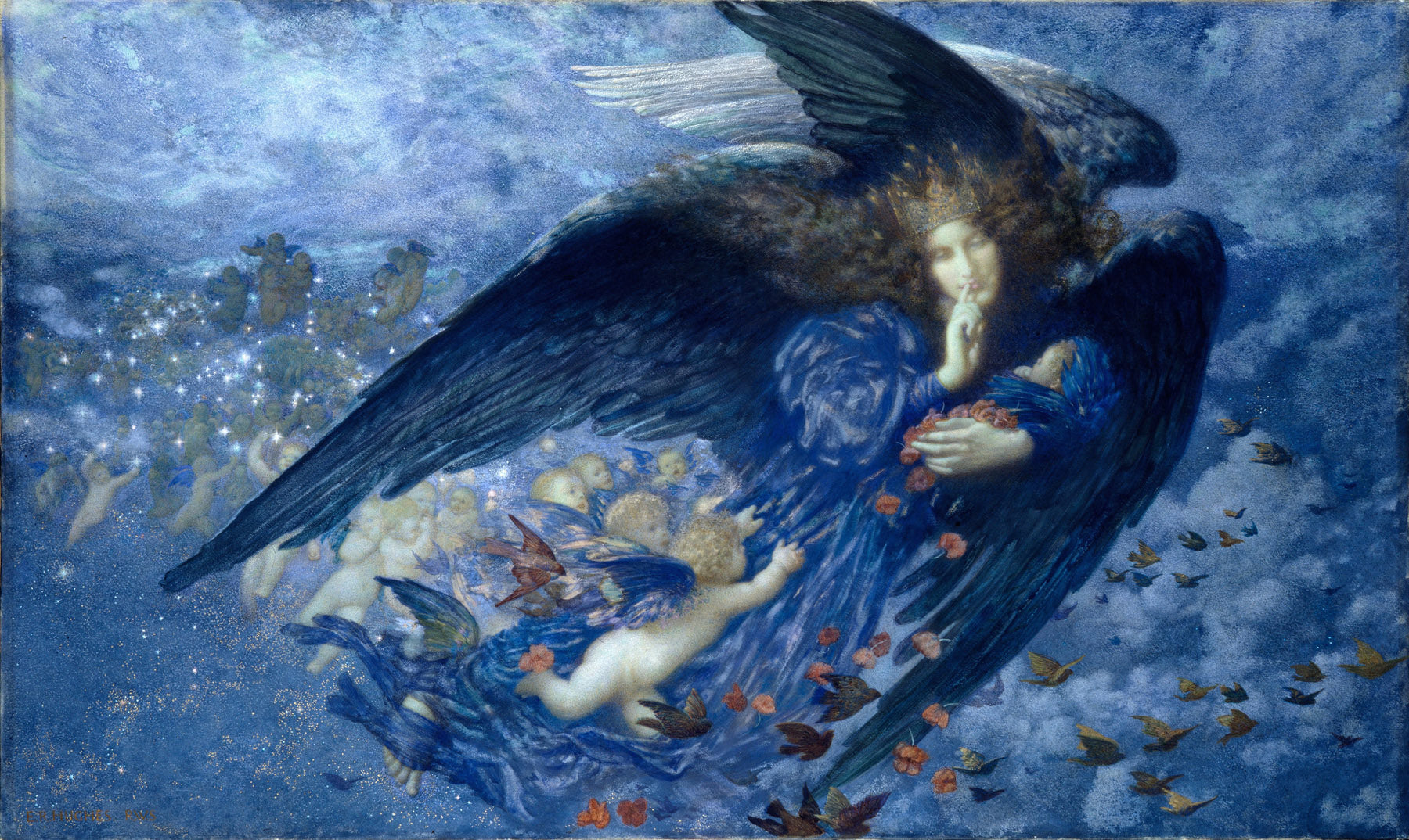 Large blue and light blue Symbolist canvas print of Night with Her Train of Stars by Edward Robert Hughes