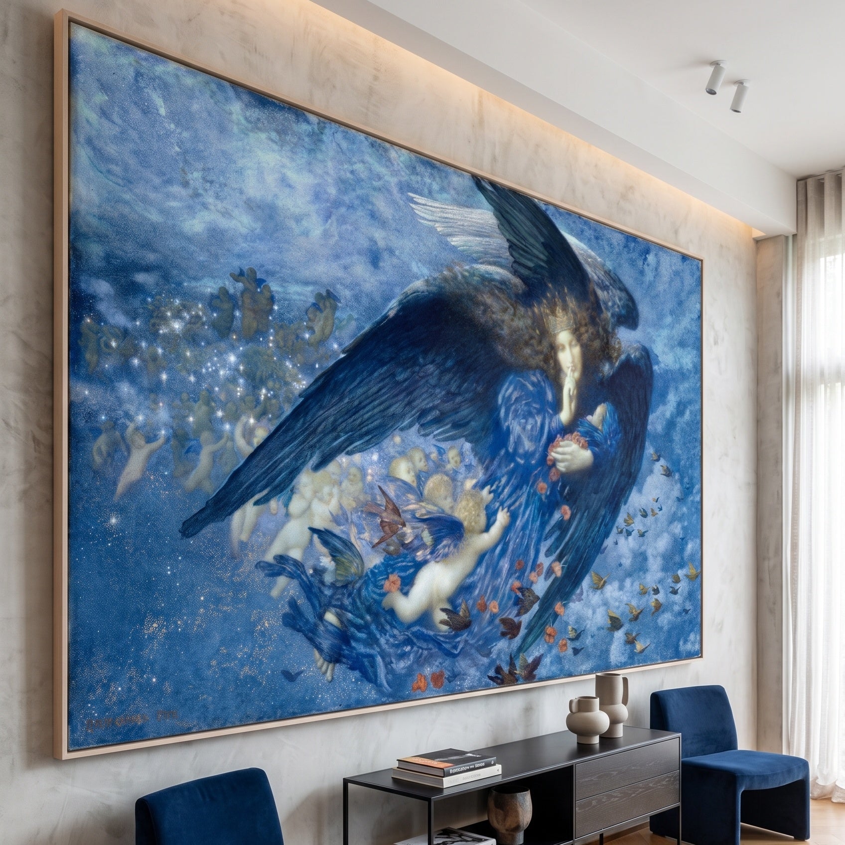 Night with Her Train of Stars by Edward Robert Hughes — large blue and light blue Symbolist canvas art displayed on a wall