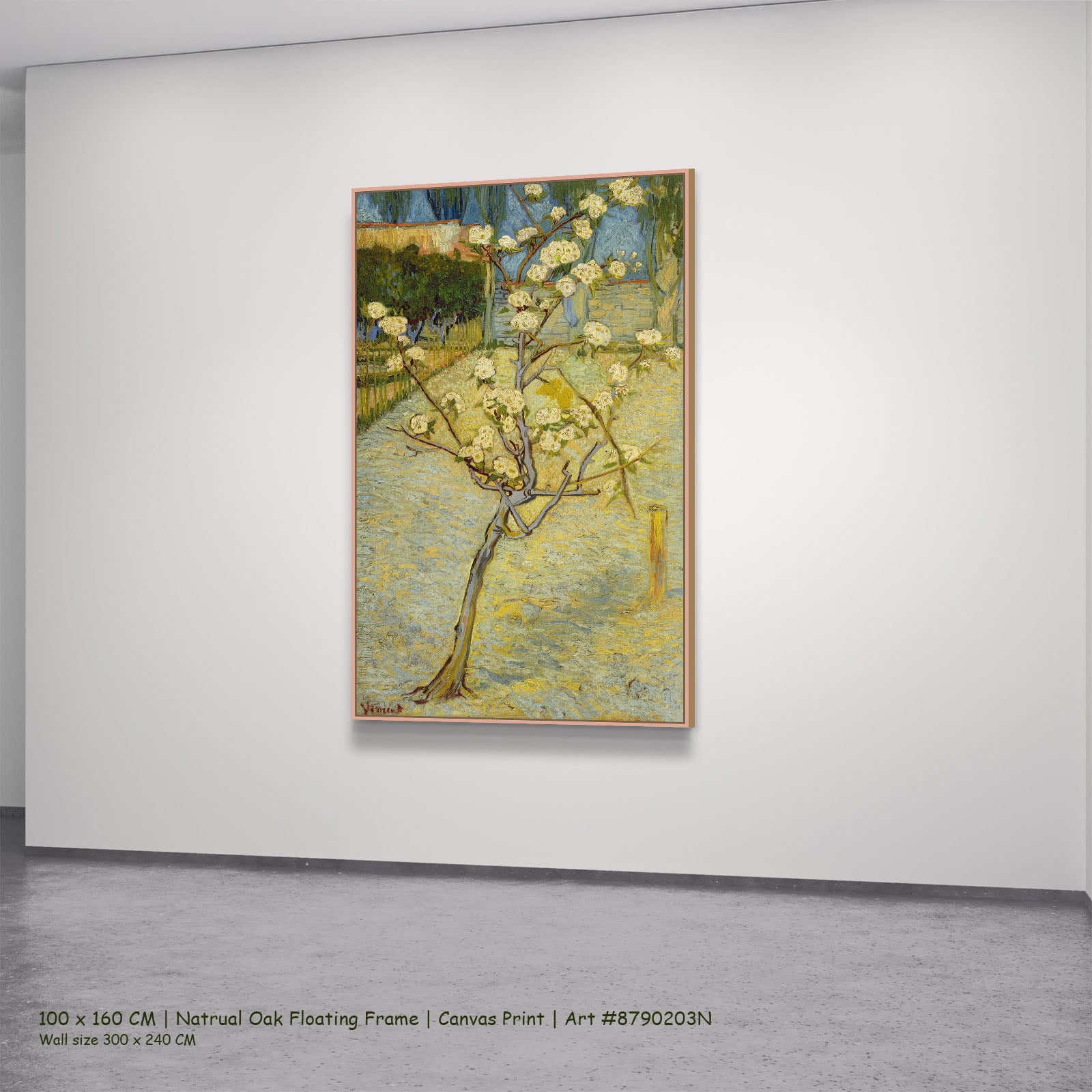 Small Pear Tree in Blossom by Vincent van Gogh in a natural oak floating frame, large gold and green Impressionist canvas