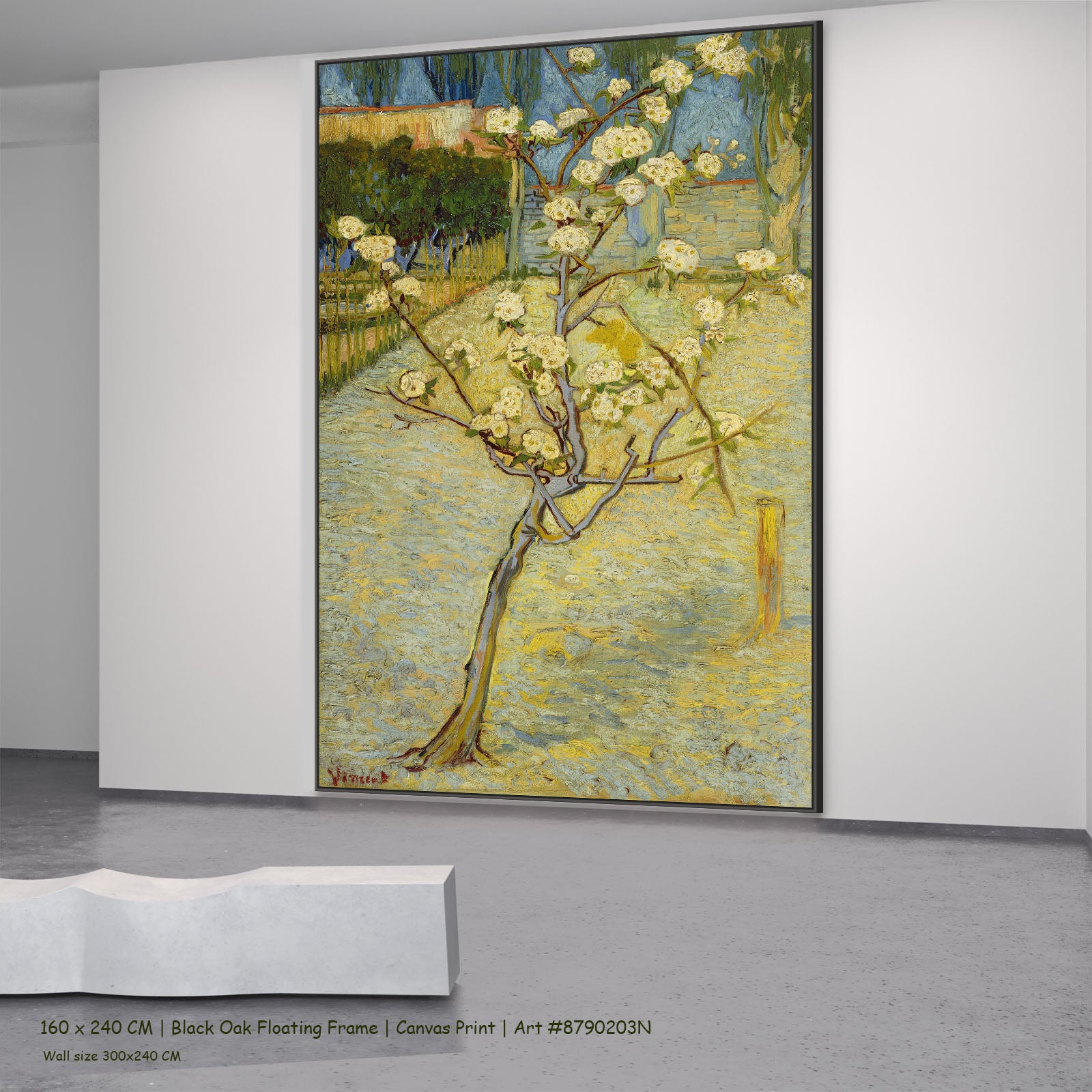 Small Pear Tree in Blossom by Vincent van Gogh in a black oak floating frame, large gold and green Impressionist canvas