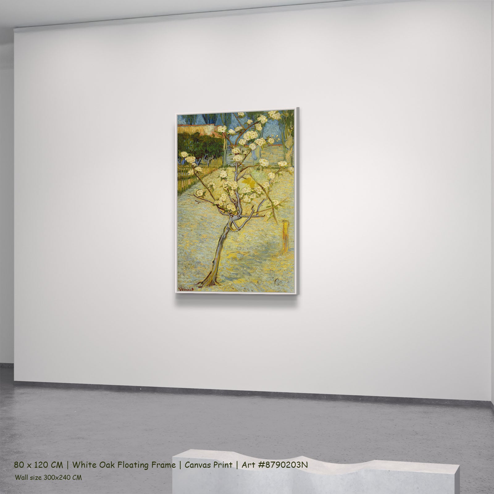 Small Pear Tree in Blossom by Vincent van Gogh in a white oak floating frame, large gold and green Impressionist canvas