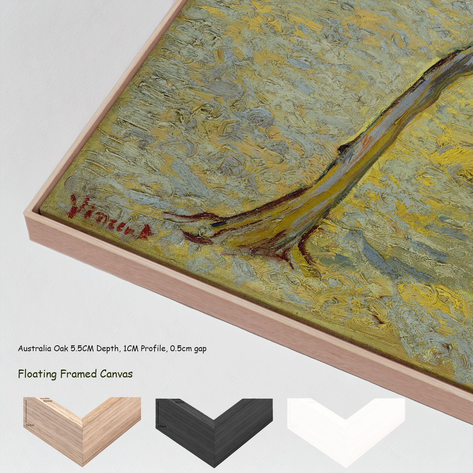 Small Pear Tree in Blossom by Vincent van Gogh in a floating frame, large gold and green Impressionist canvas print