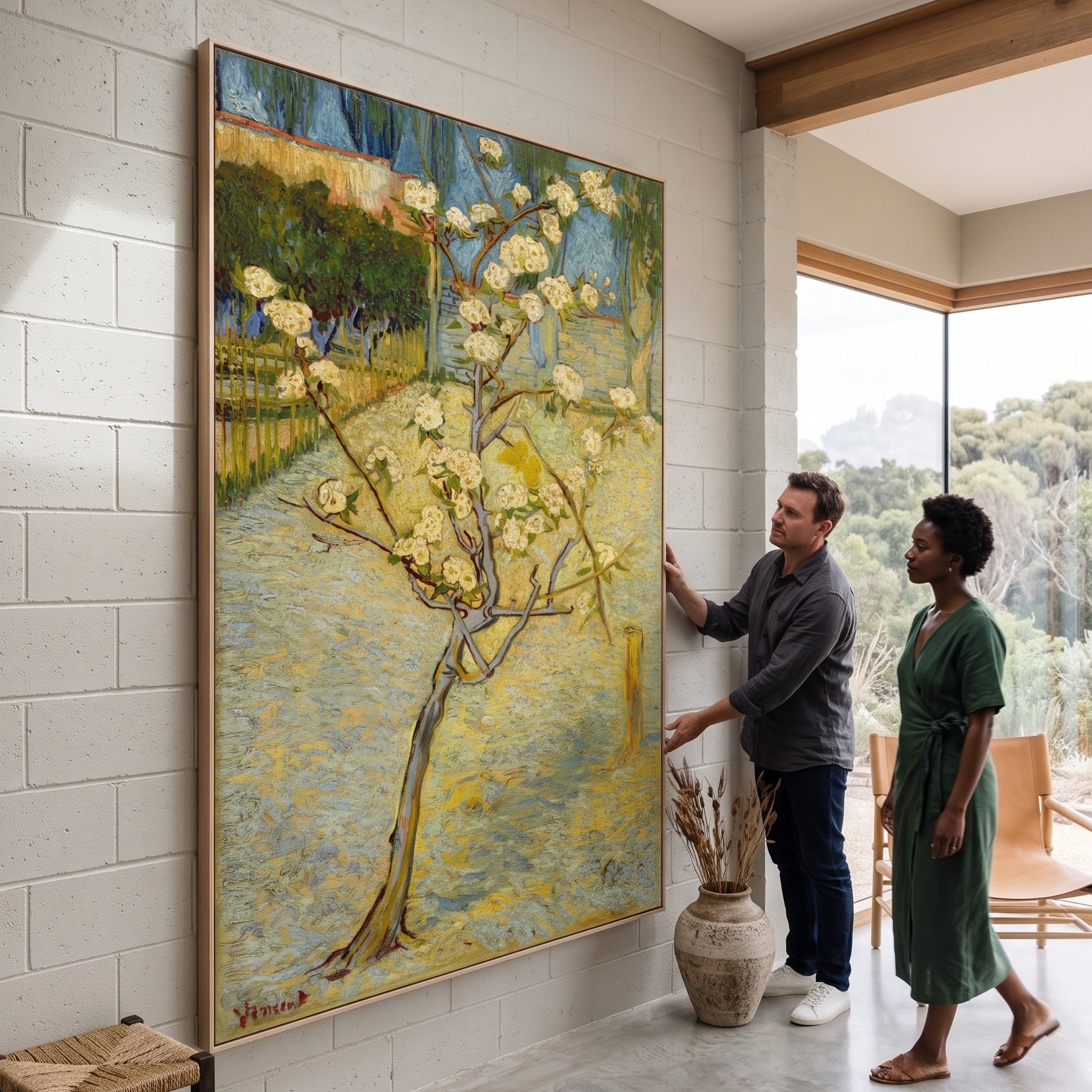 Small Pear Tree in Blossom by Vincent van Gogh — large gold and green Impressionist canvas art on a living room wall