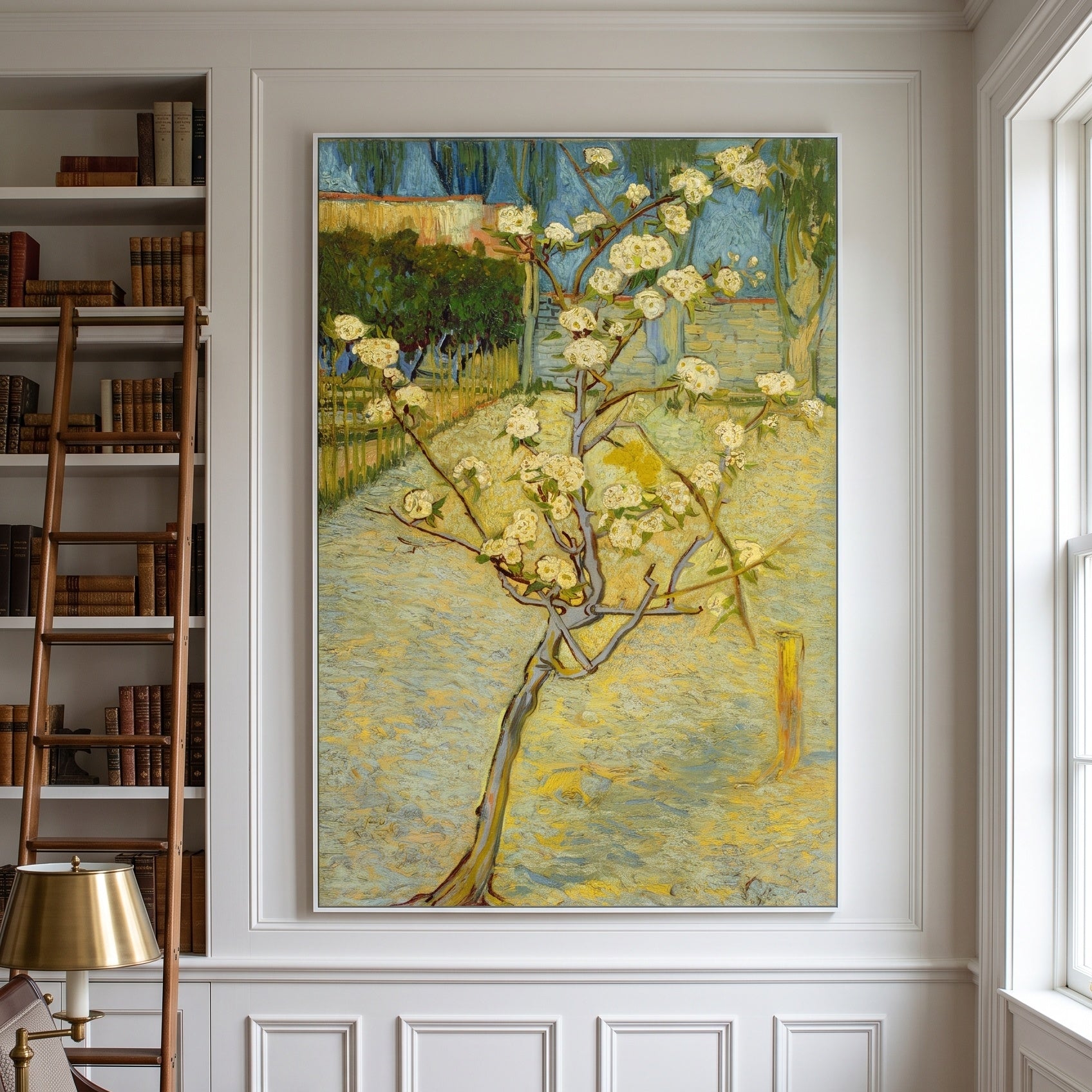 Small Pear Tree in Blossom by Vincent van Gogh — large gold and green Impressionist canvas art on a hallway wall