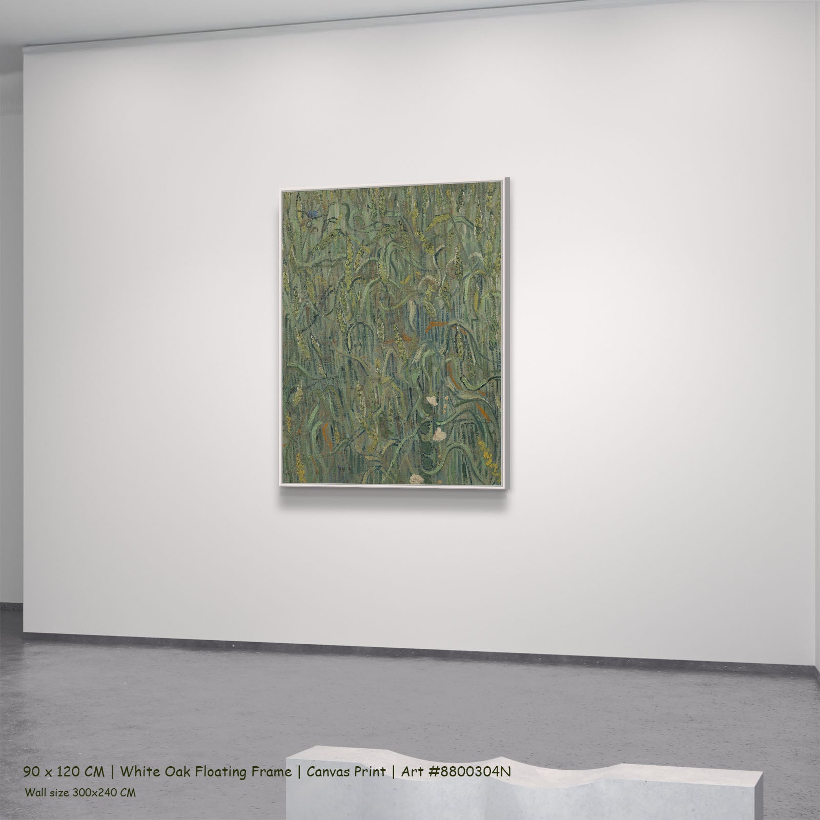 Ears of Wheat by Vincent van Gogh in a white oak floating frame, large green Impressionist canvas