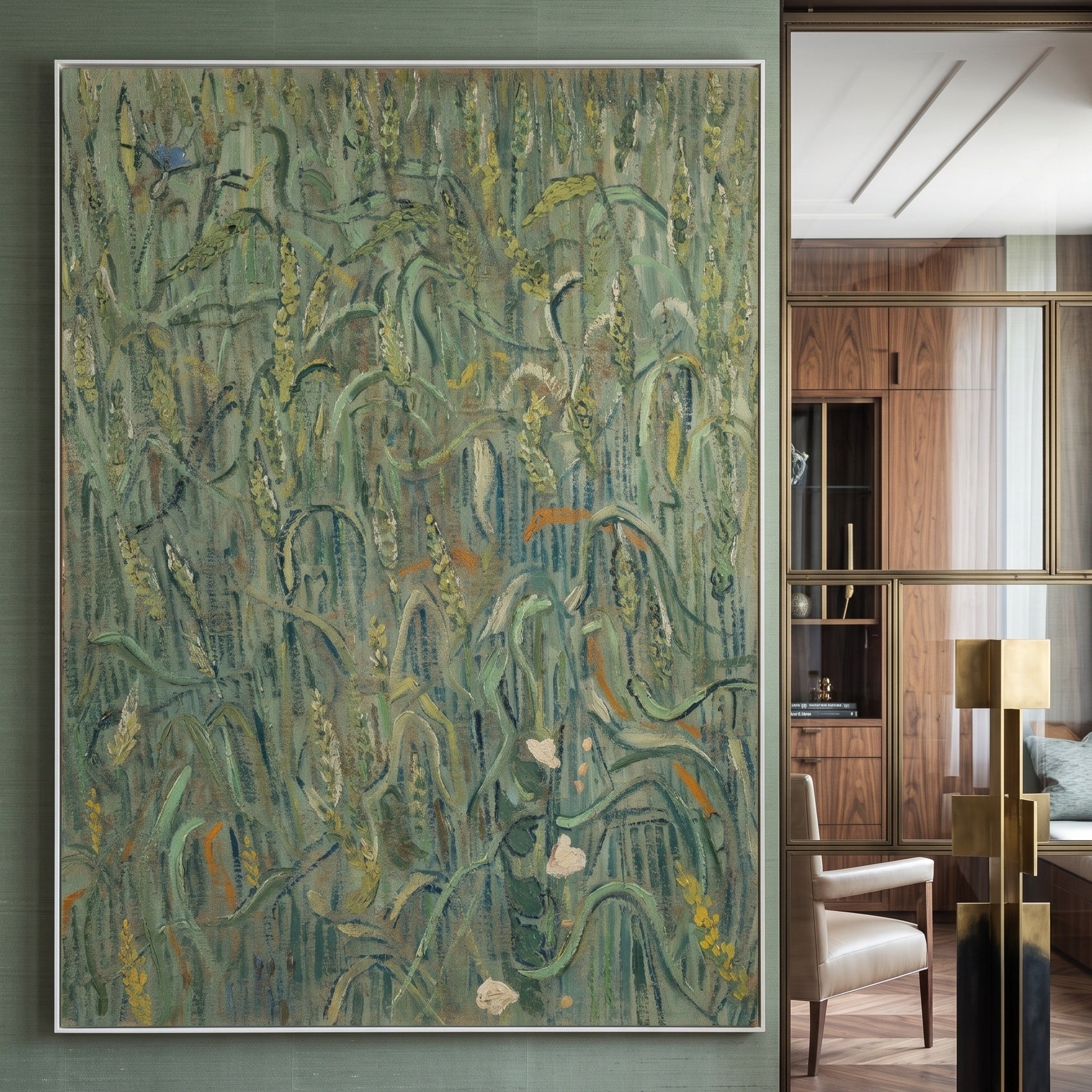 Ears of Wheat by Vincent van Gogh — large green Impressionist canvas art on a entryway wall