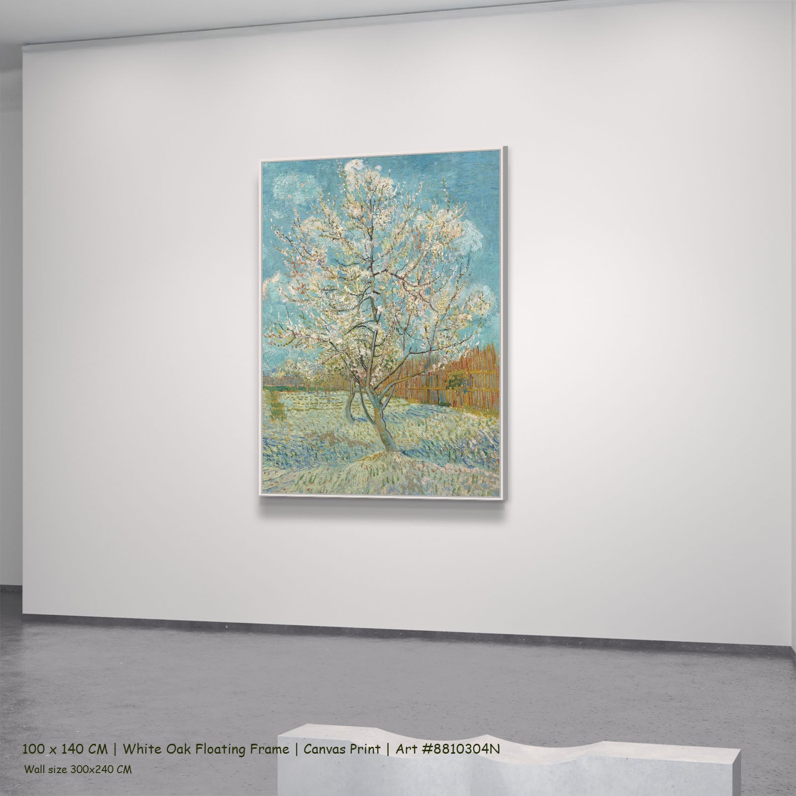 The Pink Peach Tree by Vincent van Gogh in a white oak floating frame, large light blue and green Impressionist canvas