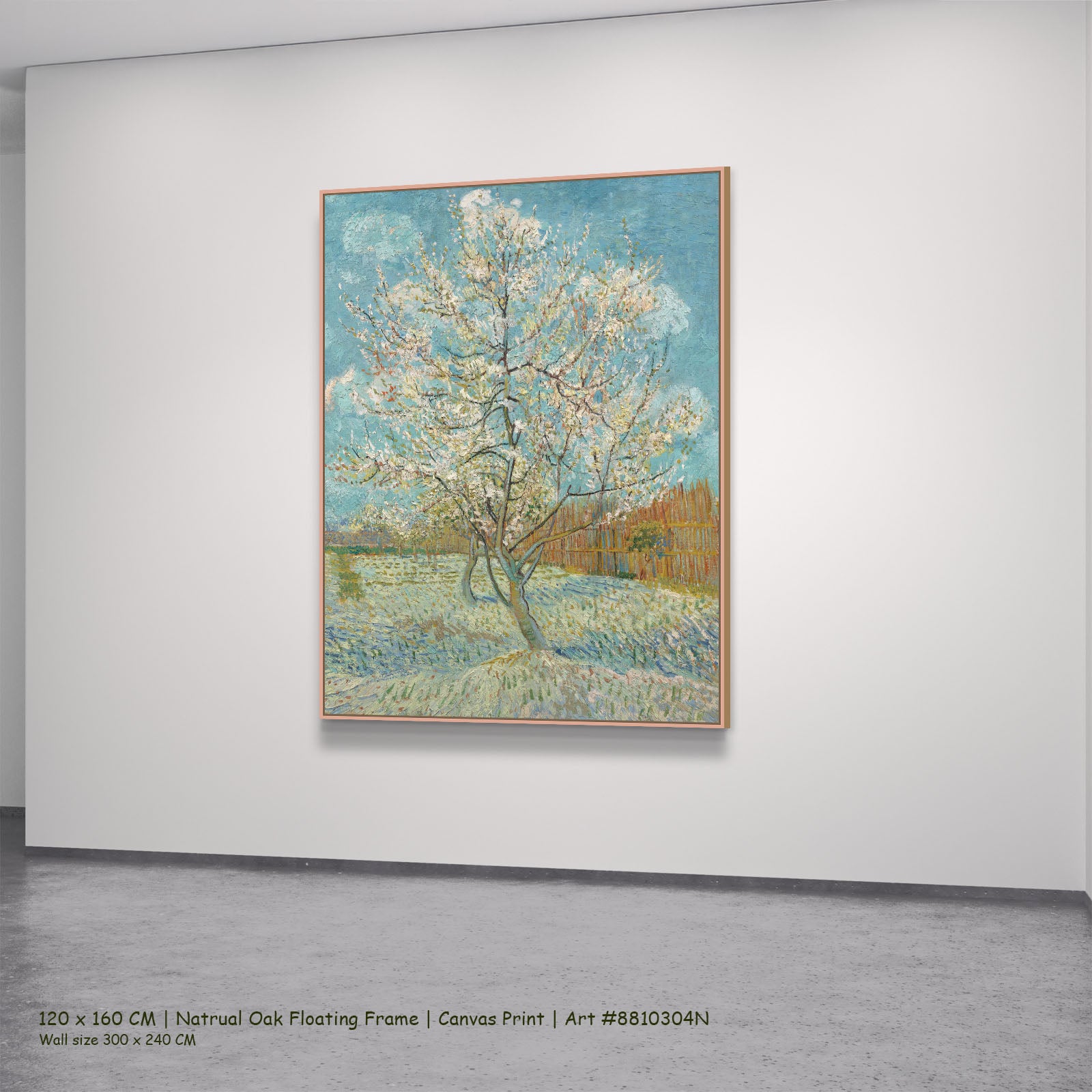 The Pink Peach Tree by Vincent van Gogh in a natural oak floating frame, large light blue and green Impressionist canvas